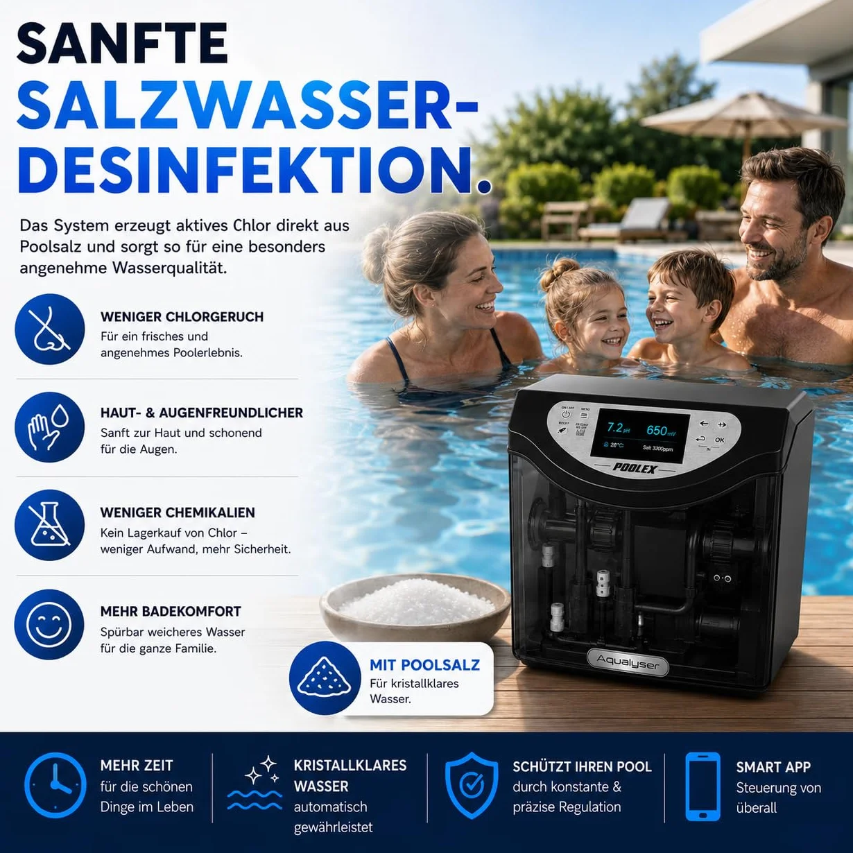 poolomio® Chlorinator Aqualyser do basenów do 80 m³ | samooczyszczająca się instalacja dozująca ze sterowaniem za pomocą aplikacji do generowania chloru, dezynfekcji basenu i regulacji pH, z
