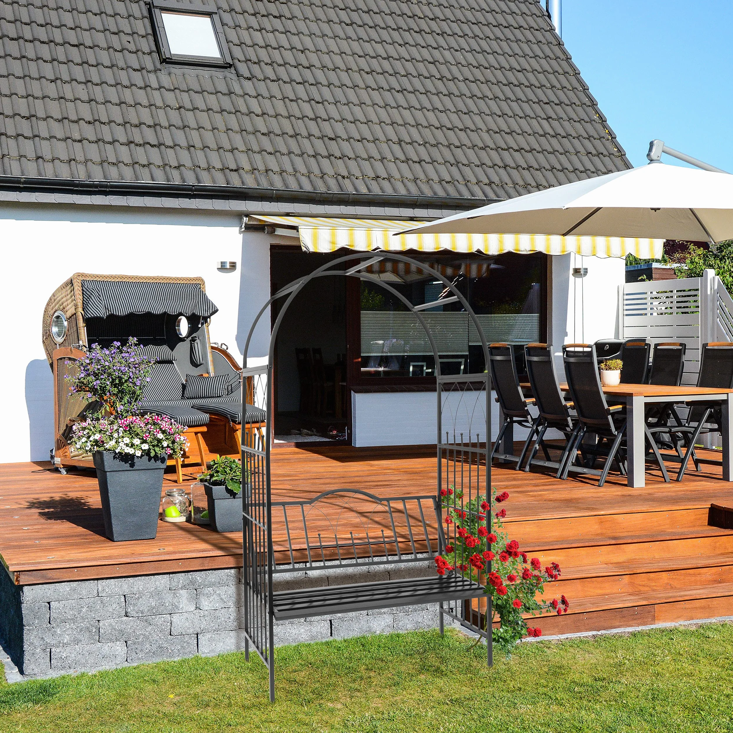 Relaxdays 10020032 pergola z ławką, wys. x szer. x gł.: 203 x 114,5 x 59 cm, kratka do roślin pnących z malowanego proszkowo żelaza z ławką dla 2 osób i piękna ozdoba dla roślin pnących, kolor czarny, 10020032