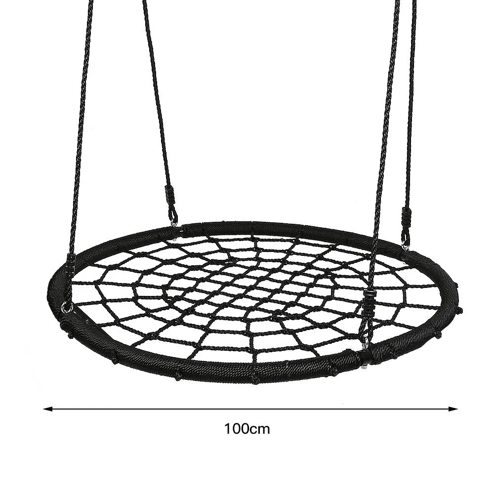 Huśtawka z gniazdem ptaków Ø 100 cm, huśtawka zewnętrzna/wewnętrzna, huśtawka ogrodowa, wiszący stołek z regulowaną liną, maksymalne obciążenie 150 kg (D, czarna)