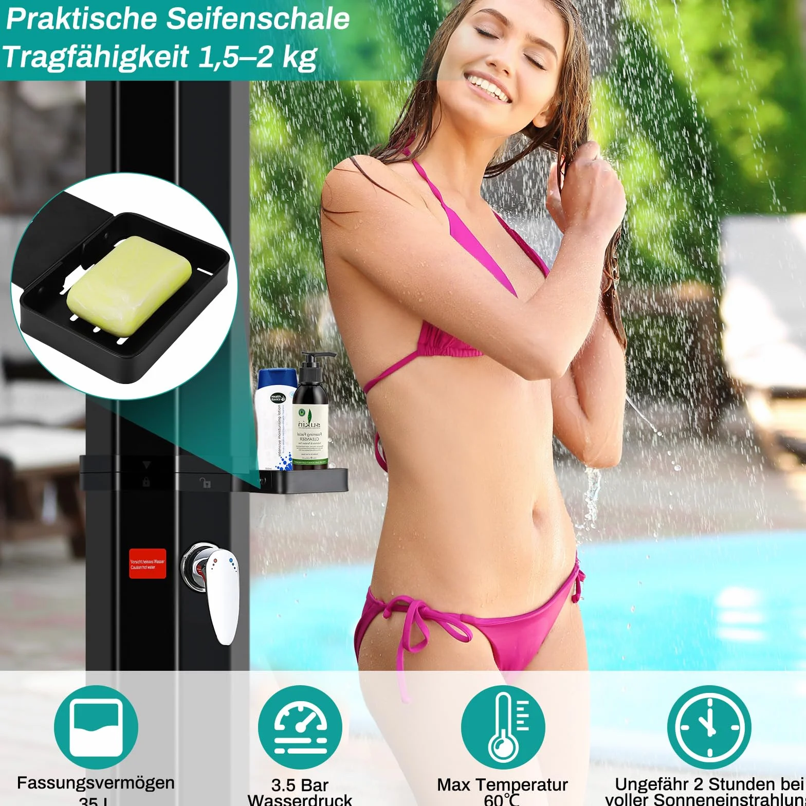 LIFERUN Prysznic solarny 35 l, prysznic ogrodowy, ciepła woda do 60°C, z deszczownicą, kranem, skrzynką na mydło i pokrowcem ochronnym, prysznic basenowy, na kemping, do ogrodu, na balkon i basen, bez