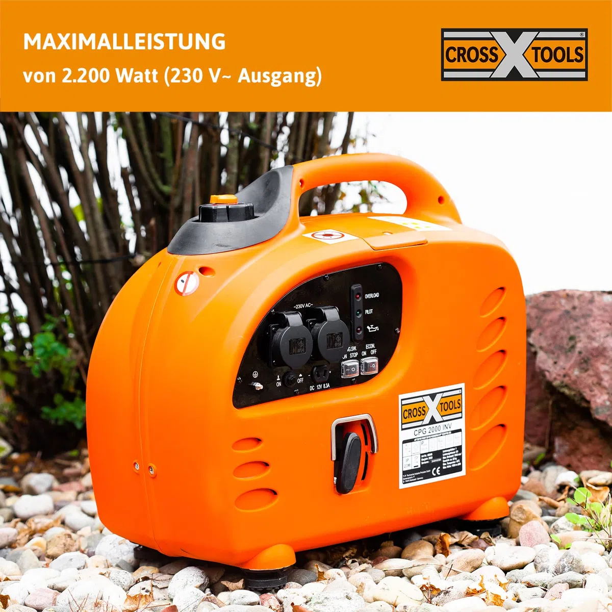 CROSS TOOLS Generator prądu inwertorowego na benzynę, agregat prądotwórczy (moc maks. 2200 W, 2 x 230 V; 1 x gniazdo 12 V, technologia INV umożliwia ładowanie laptopa, telefonu komórkowego itd.) CPG