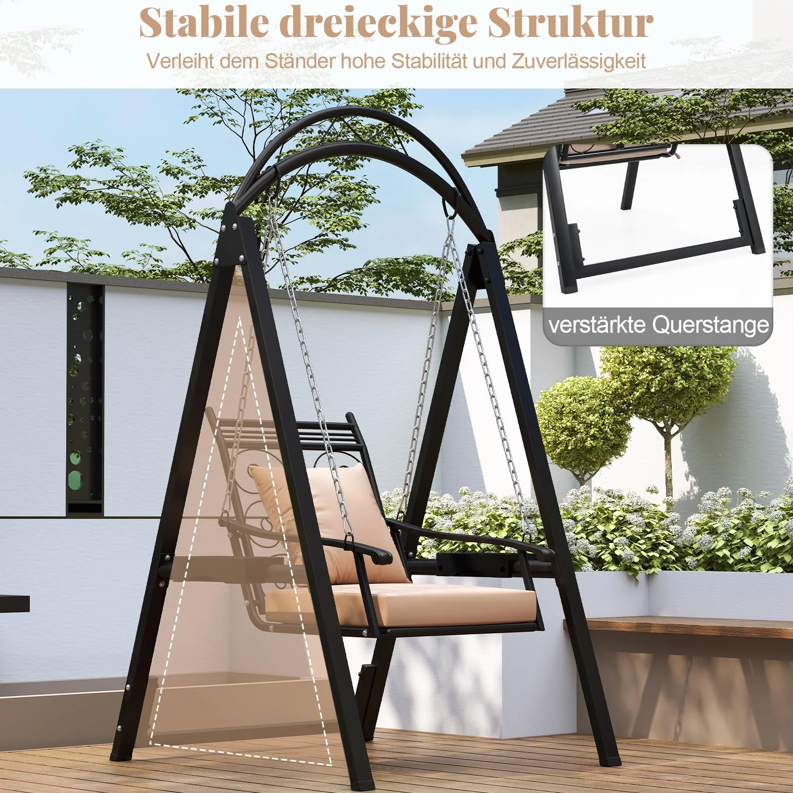 COSTWAY Huśtawka ogrodowa ze stelażem, metalowa huśtawka ogrodowa ze zdejmowanymi poduszkami i stolikami bocznymi, do 160 kg, huśtawka tarasowa, stelaż huśtawki do ogrodu, na balkon, podwórko (czarna)