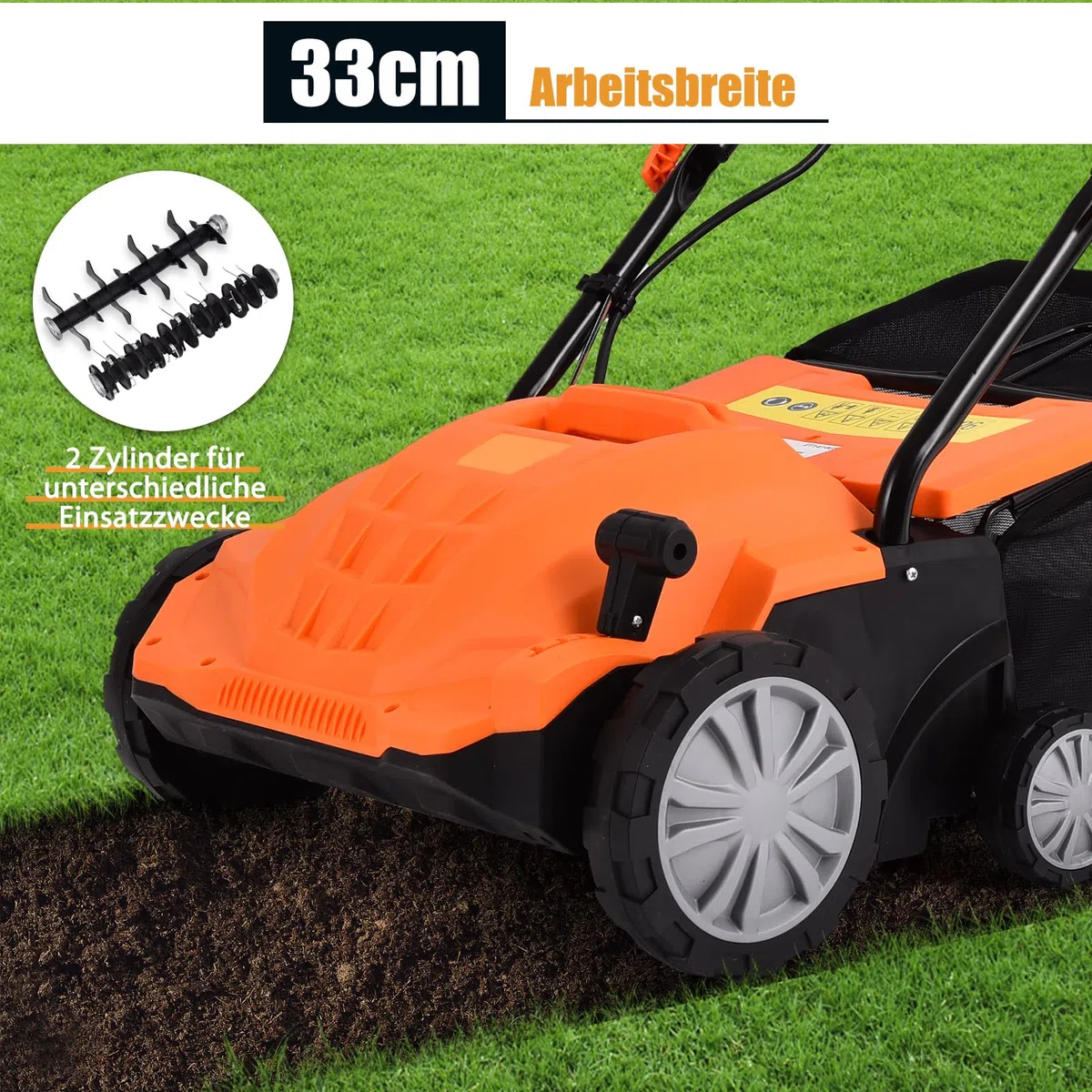 GOPLUS Elektryczny wertykulator 2 w 1, napowietrzacz trawnika, 2/3-stopniowa regulacja głębokości roboczej, szerokość robocza 32/38 cm, kosz na trawnik 30/45 l, w zestawie wałek do noży i wałek