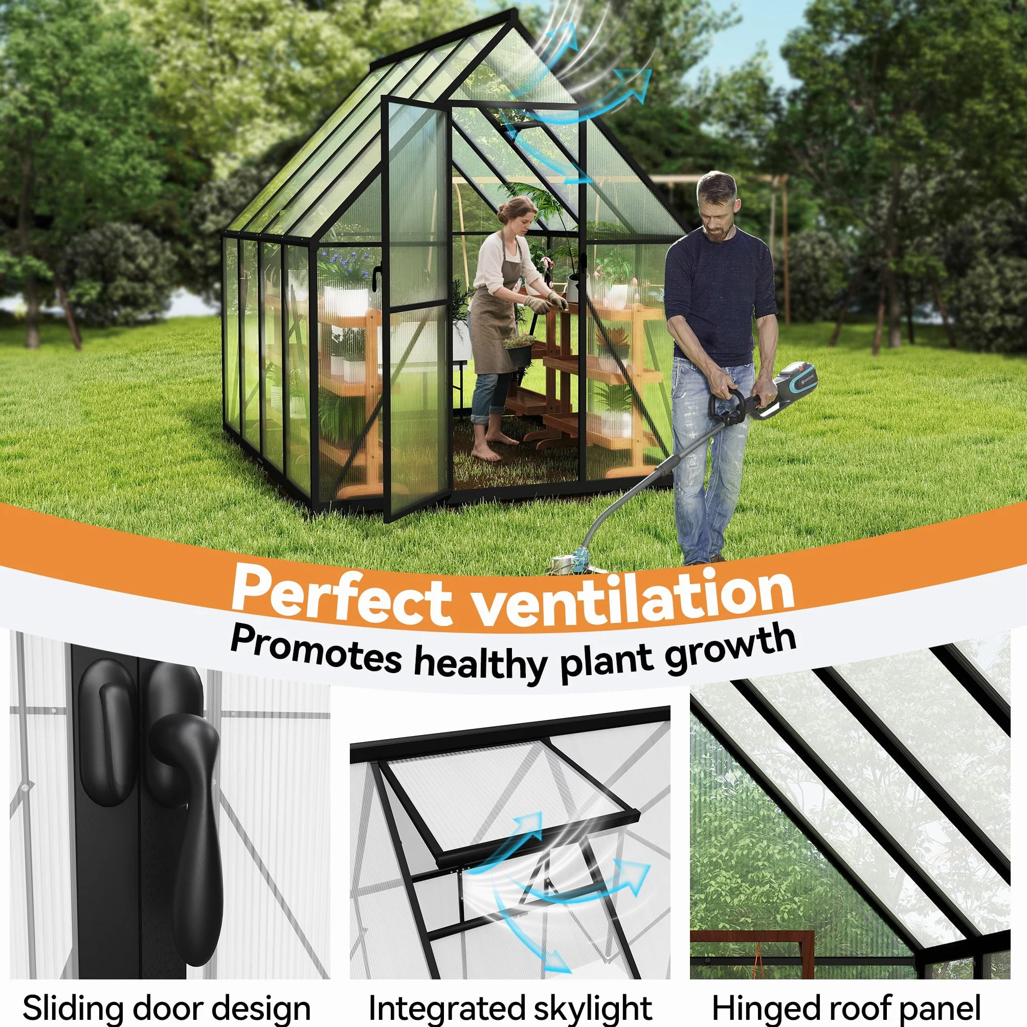 Froadp Szklarnia z aluminium z fundamentem, 230 x 180 x 195 cm, szklarnia ogrodowa 4 mm, płyty komorowe PC, odporna na warunki atmosferyczne, szklarnia na pomidory z oknami, do ogrodu i hodowli