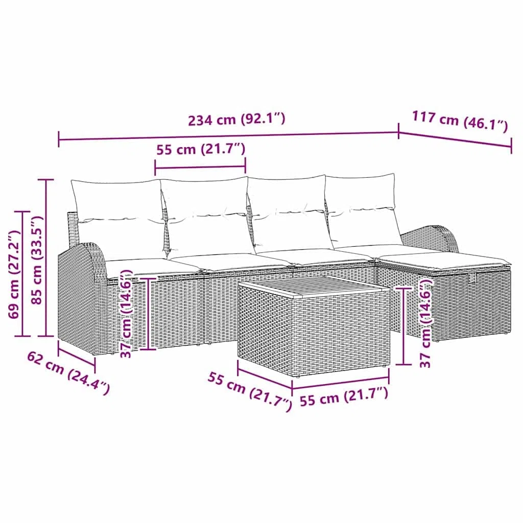 vidaXL Zestaw Sof na Ogród z poduszką 6 pcs Szary Polirattan, Zestaw Sof Sofów, Modułowa Budowa, Wytrzymałe Materiały, Lekkie, Odporne na UV, Idealne do Ogrodu i Tarasu