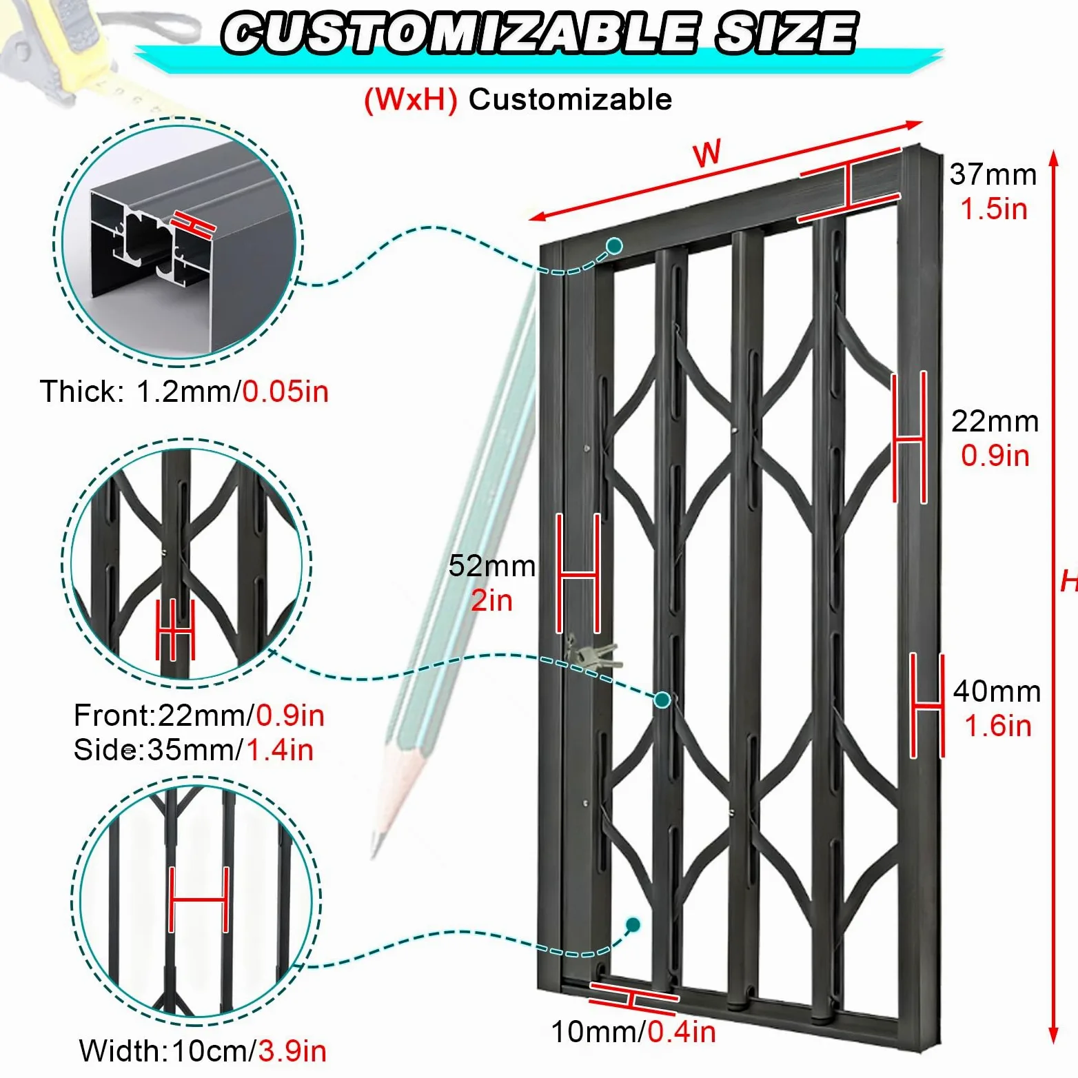 Składana aluminiowa poręcz bezpieczeństwa do okien, ochrona przed dziećmi, ogrodzenie ochronne z zamkiem, idealna na patio, lofty i szopy (szer. 110 x wys. 80 cm)