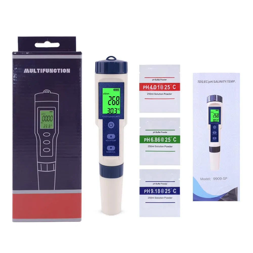 WANGCL Cyfrowy miernik pH LCD 5 w 1, wodoodporny tester jakości, tester chloru, zestaw do testowania gleby do ogrodu z automatyczną kompensacją temperatury - PH/TDS/EC/SALT/TEMP