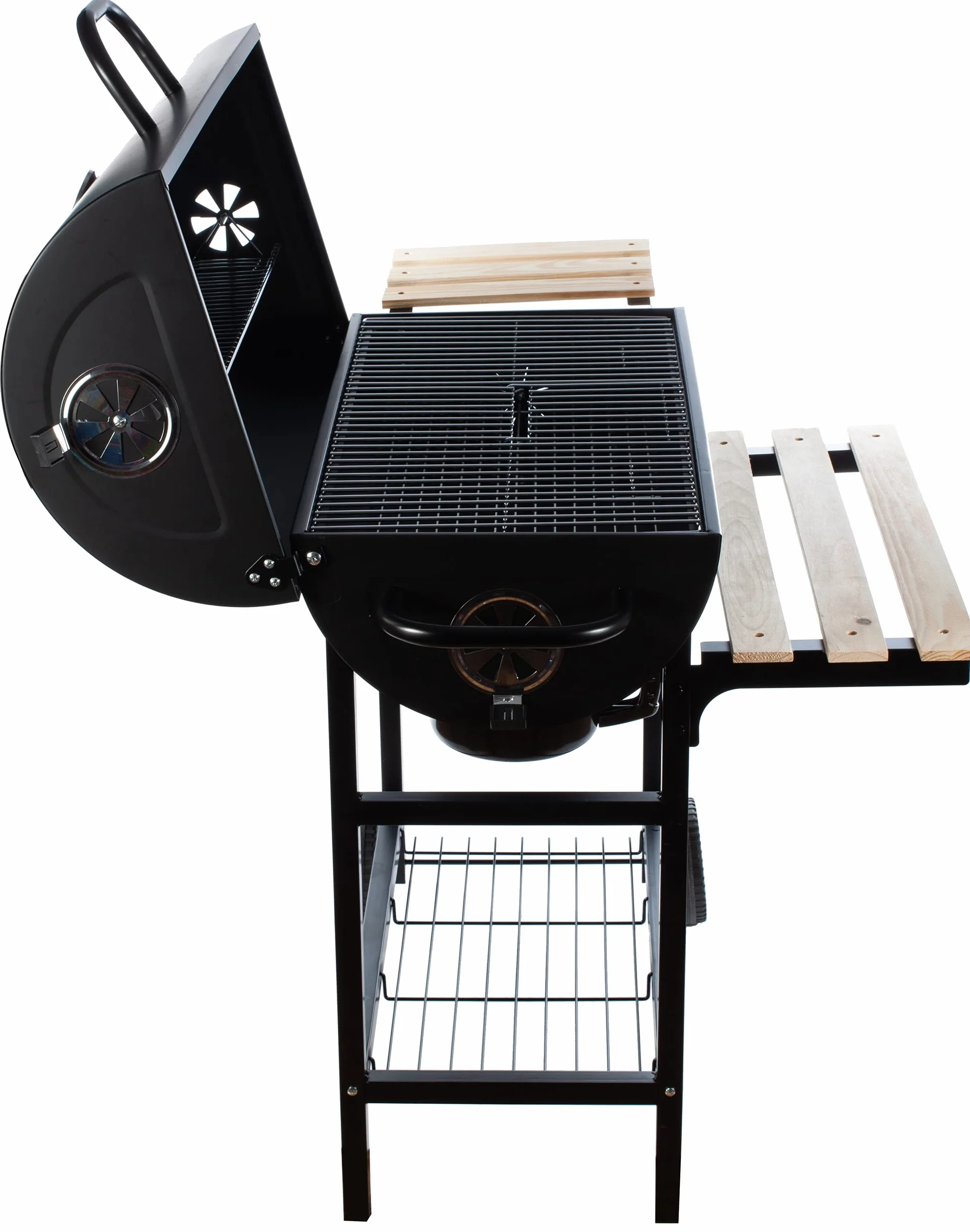 GrillMaster Okrągły Beczka BigBend GM2020 +Fartuch, Grill Ogrodowy, Węglowy, z Pokrywą, z Kółkami, Przesłony do Cyrkulacji Powietrza, Dodatkowe Półki