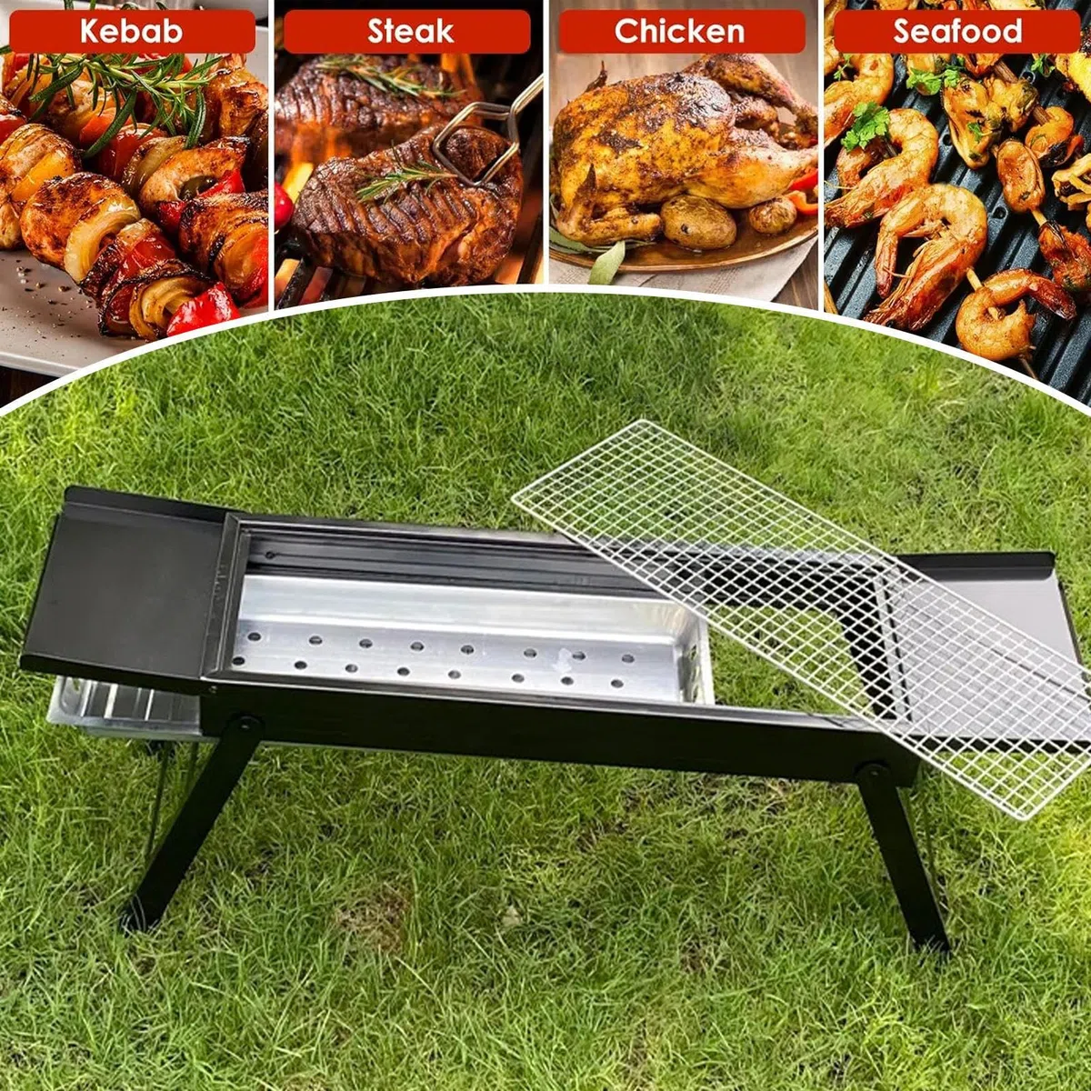 Składany Grill Składany Piecyk Piknikowy | Grill Barbecue Z Bocznymi Tackami Do Ogrodu, Na Świeżym Powietrzu, Do Mieszkania, Na Balkon, Na Plażę, Do Gotowania, Na