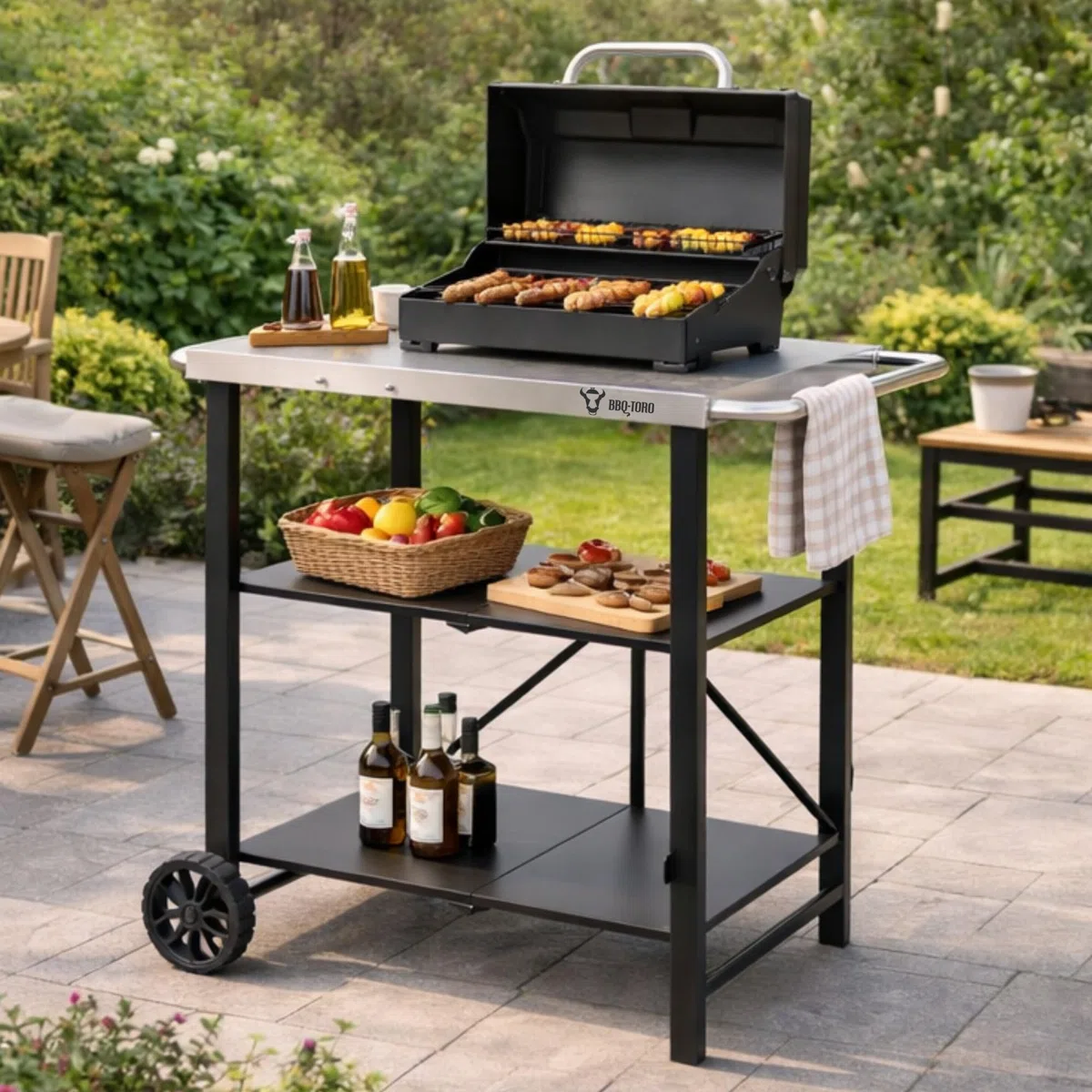 BBQ-Toro Składany wózek do grillowania, 60 x 80 x 82 cm, srebrny/czarny, wózek do serwowania, stół do grillowania gazowego, stolik pomocniczy, stolik pomocniczy ze stali nierdzewnej, stolik pomocniczy