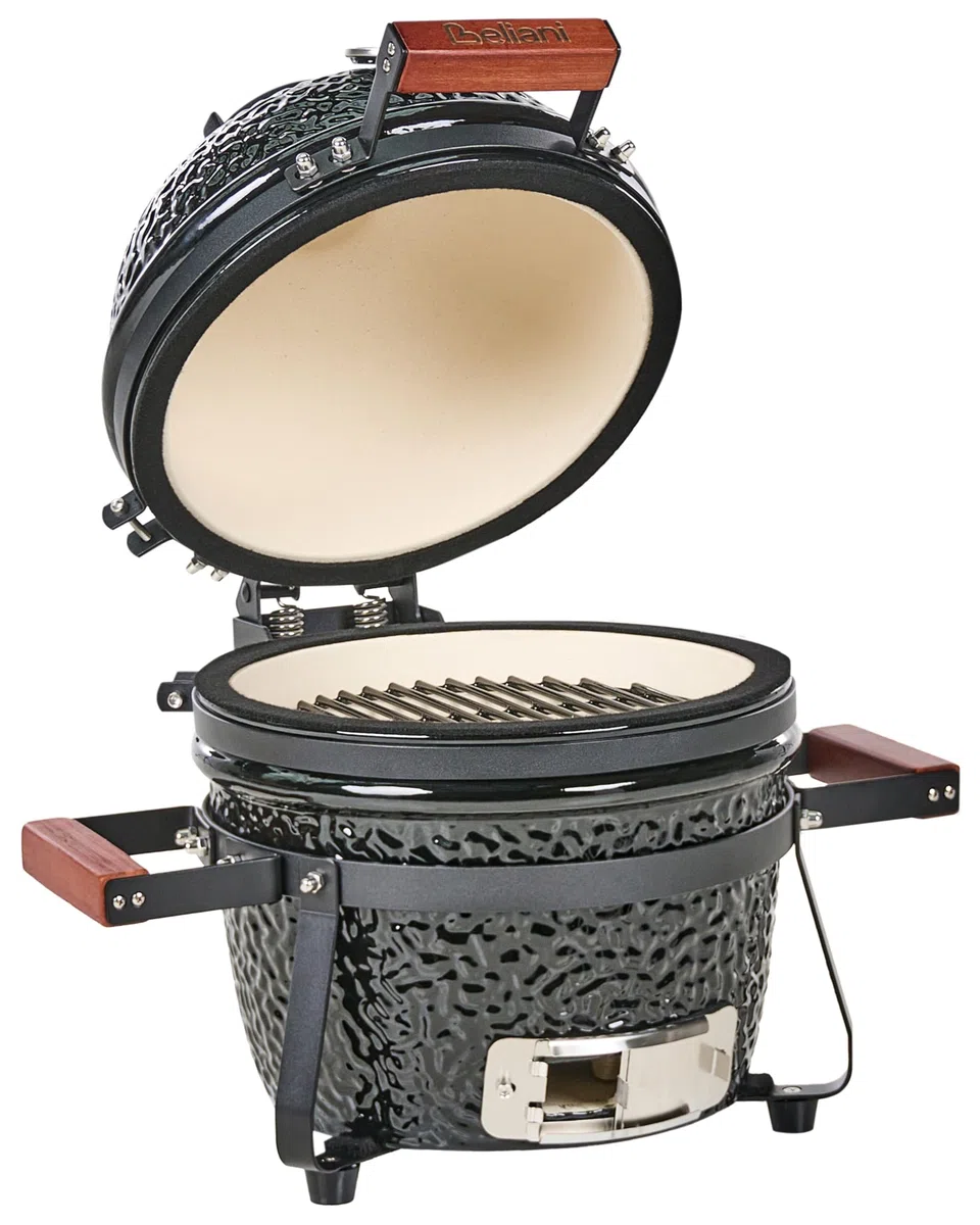 Ogrodowy mini grill węglowy ceramiczny przenośny z pokrywą termometerem rusztem czarny Kamado
