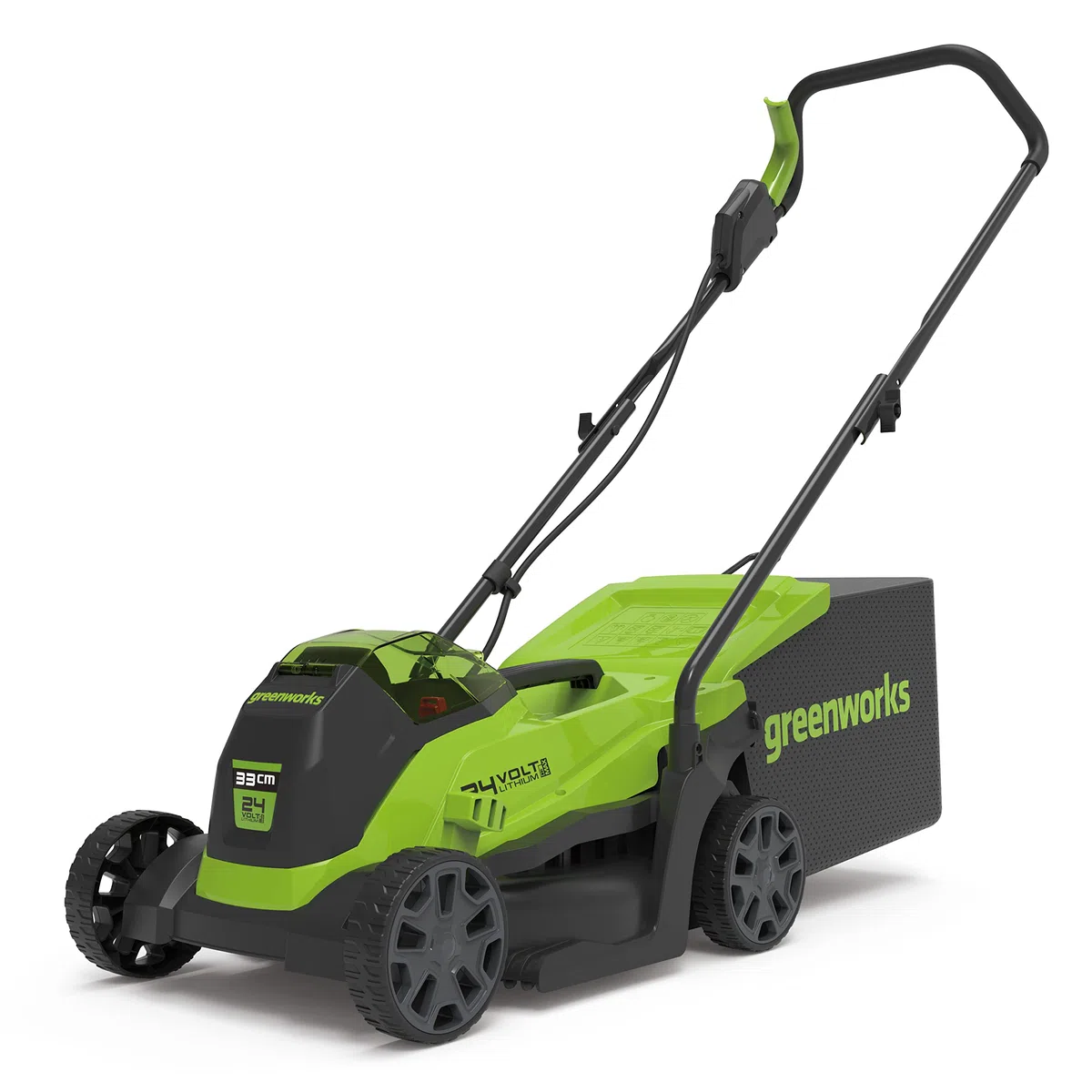 Greenworks GD24LM33 Kosiarka Akumulatorowa z Silnikiem Bezszczotkowym do Mniejszych Trawników do 280 m², Szerokość Koszenia 33 cm, torba 30l BEZ Baterii i Ładowarki 24 V, 3 Lata Gwarancji