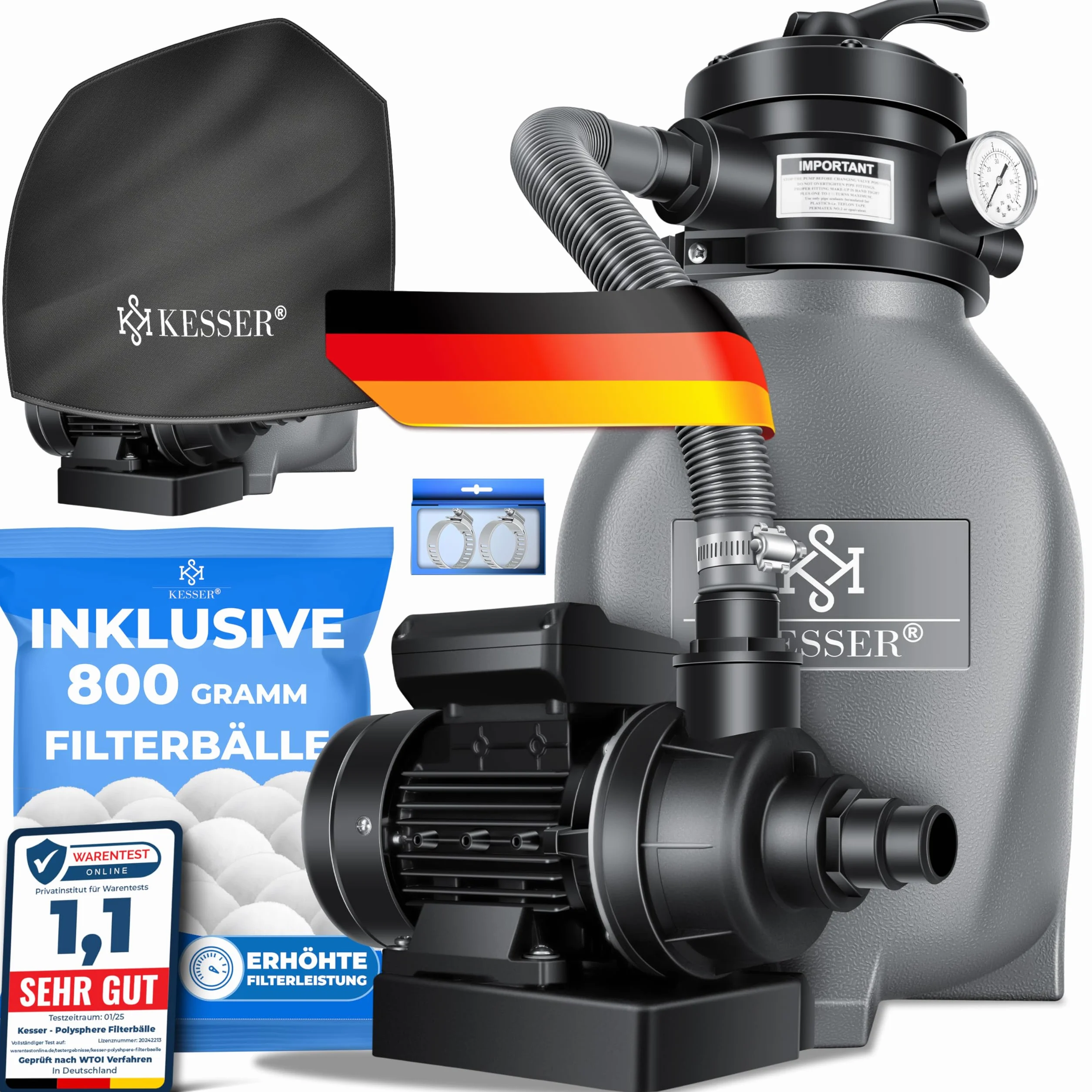 KESSER Filtr piaskowy 10 m³/h pompa filtrująca kulki 700 g zawór 4-drożny szary