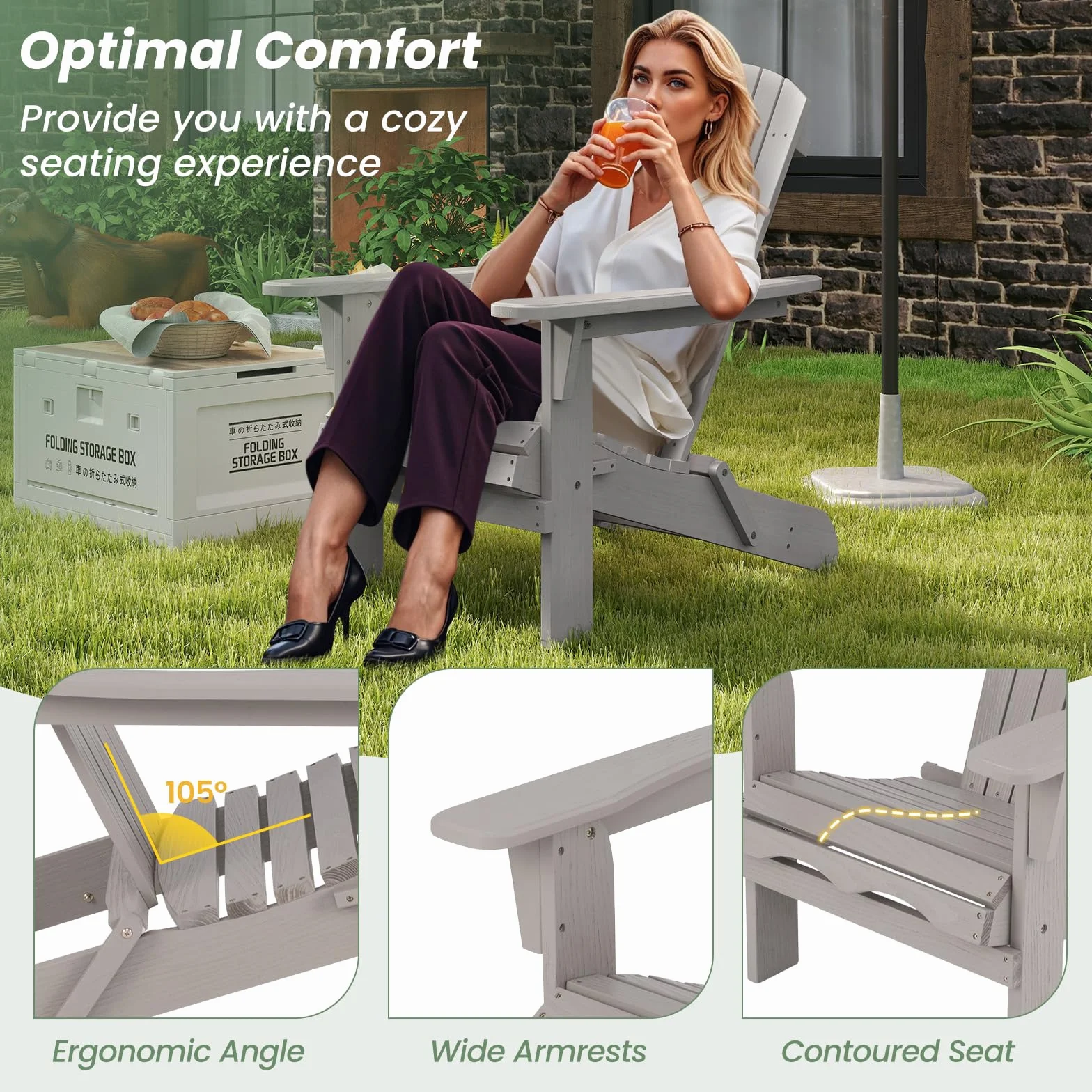 GIANTEX Adirondack składane krzesła 1/2, leżak zewnętrzny o konstrukcji z drewna świerkowego, wysokie oparcie i podłokietniki, obciążenie do 180 kg, krzesła na patio, do ogrodu (2, szare)