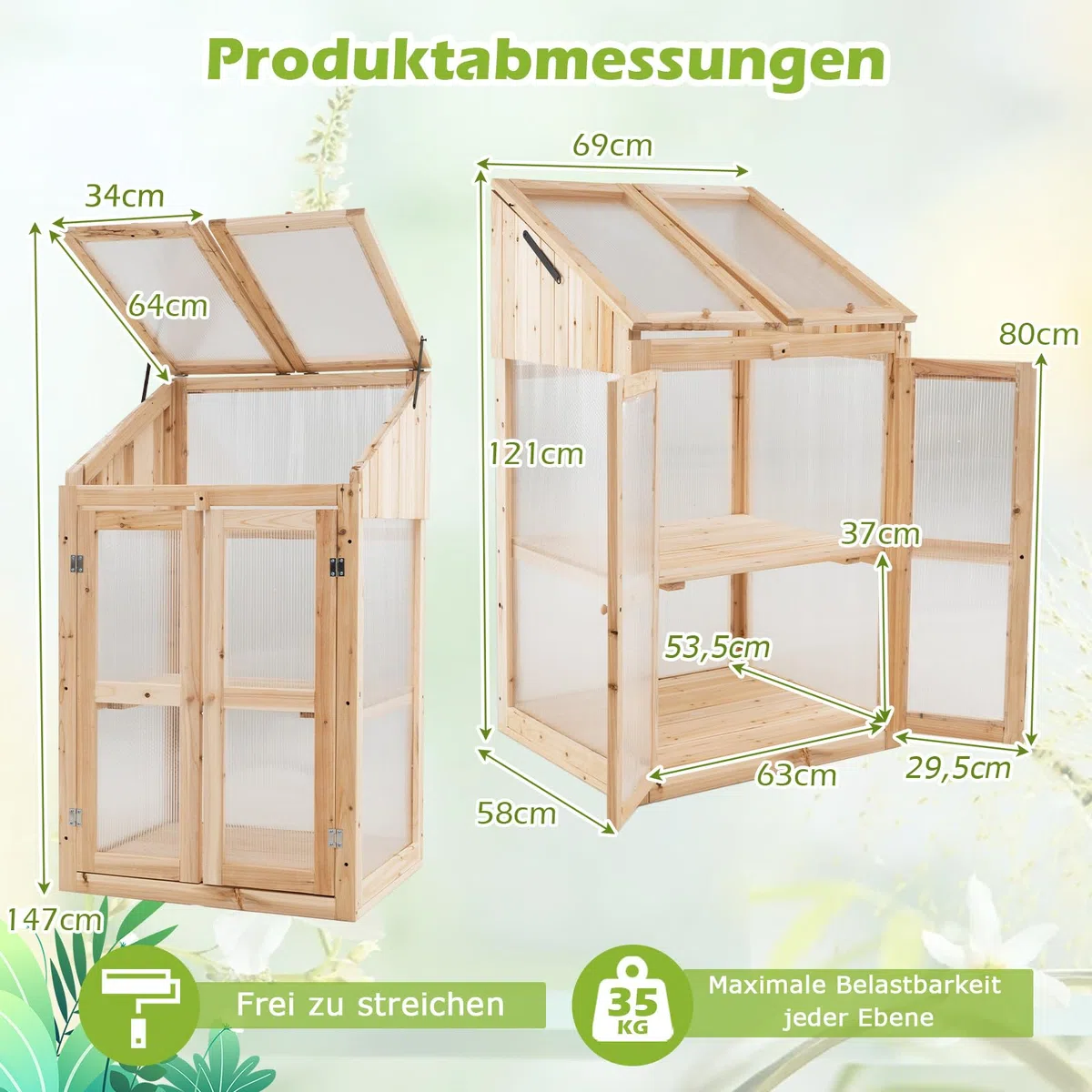 COSTWAY 2-piętrowa szklarnia, z drewna i PC, wysoka grządka odporna na warunki atmosferyczne, szklarnia z 2 drzwiami, pokrywą i zdejmowanymi półkami, szafa do uprawy roślin, do ogrodu i balkonu, 69 x