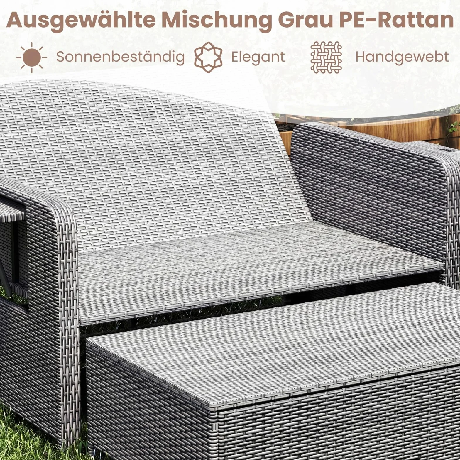 COSTWAY Sofa rattanowa, meble do użytku na zewnątrz, sofa ogrodowa z funkcją leżenia, 2-osobowa sofa ogrodowa z poduszkami i półkami bocznymi, meble ogrodowe z polirattanu, mały balkon (mieszanka