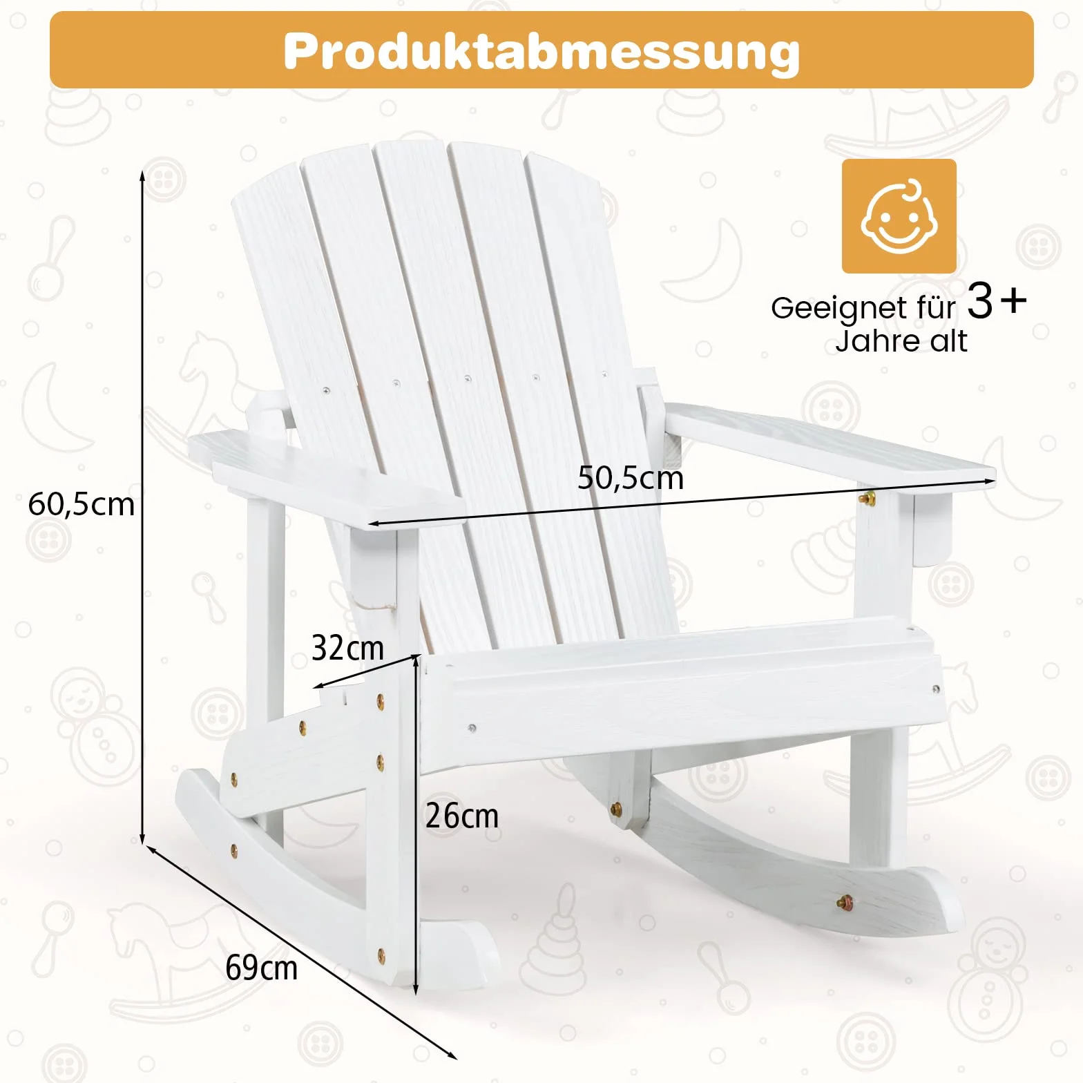COSTWAY Adirondack krzesło bujane dla dzieci, fotel ogrodowy z drewna, fotel bujany, meble dziecięce na balkon, do ogrodu, na podwórko (kolor biały)