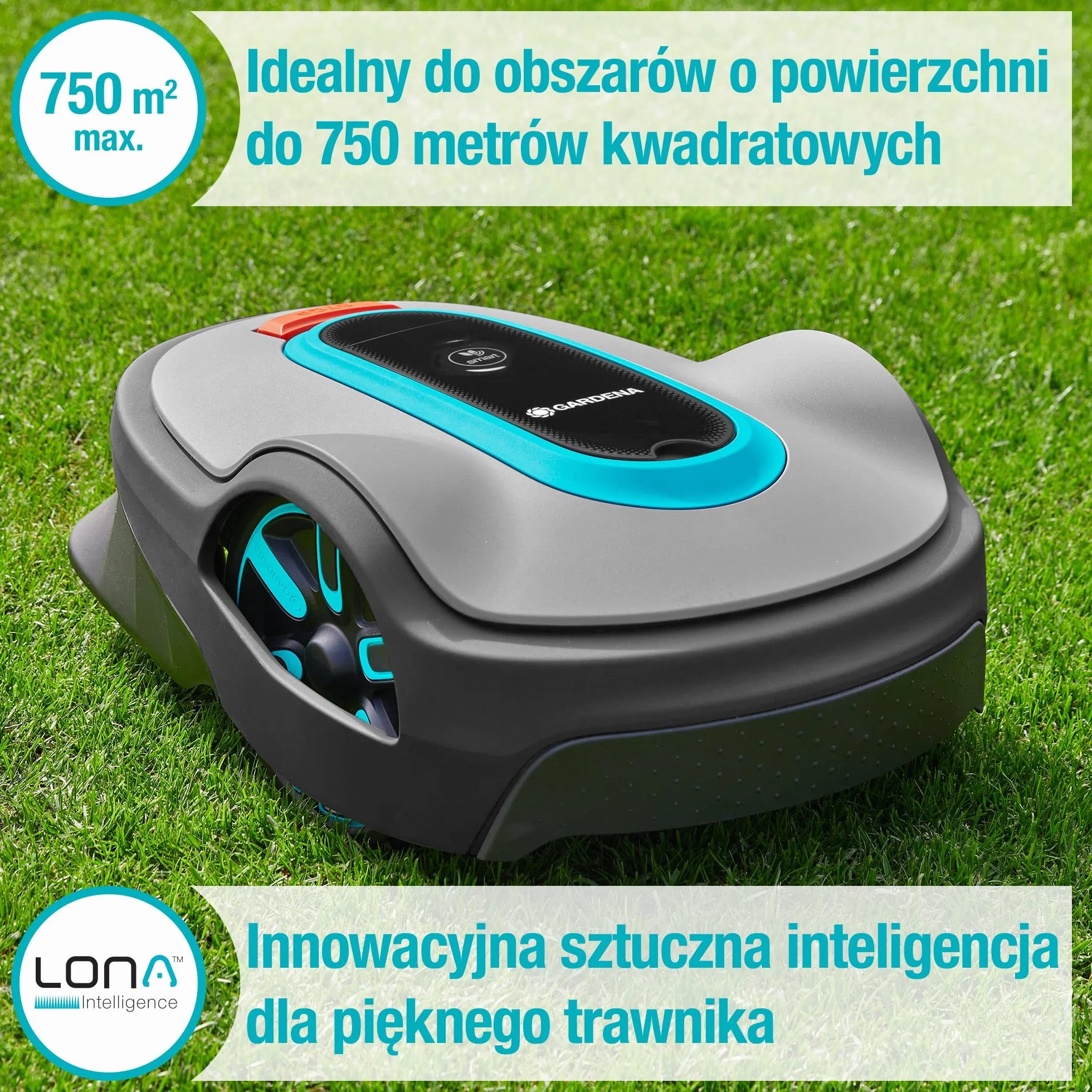 Gardena robot koszący smart SILENO life 750 m² zestaw: Nowa technologia LONA AI, sterowanie aplikacją, SensorControl, dla wzniesień do 35 procent, w tym inteligentna bramka, wersja PL (19701-72)