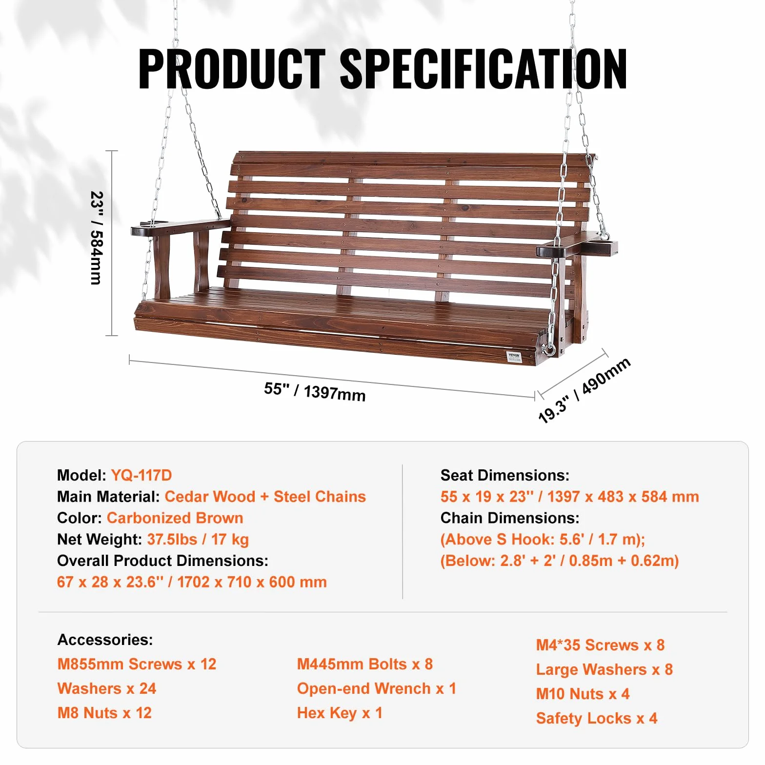 VEVOR Drewniana huśtawka werandowa 1702x710x600 mm 400 kg łańcuch brązowa