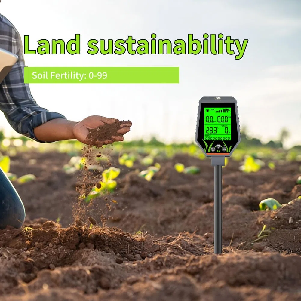 Luocute Tester Gleby 6 w 1, Wyświetlacz LCD PH Gleby EC Wilgoć Żyzność Miernik Temperatury światła Słonecznego z Podświetleniem, do Trawnika Ogrodowego Rośliny Doniczkowe Sadzenie w