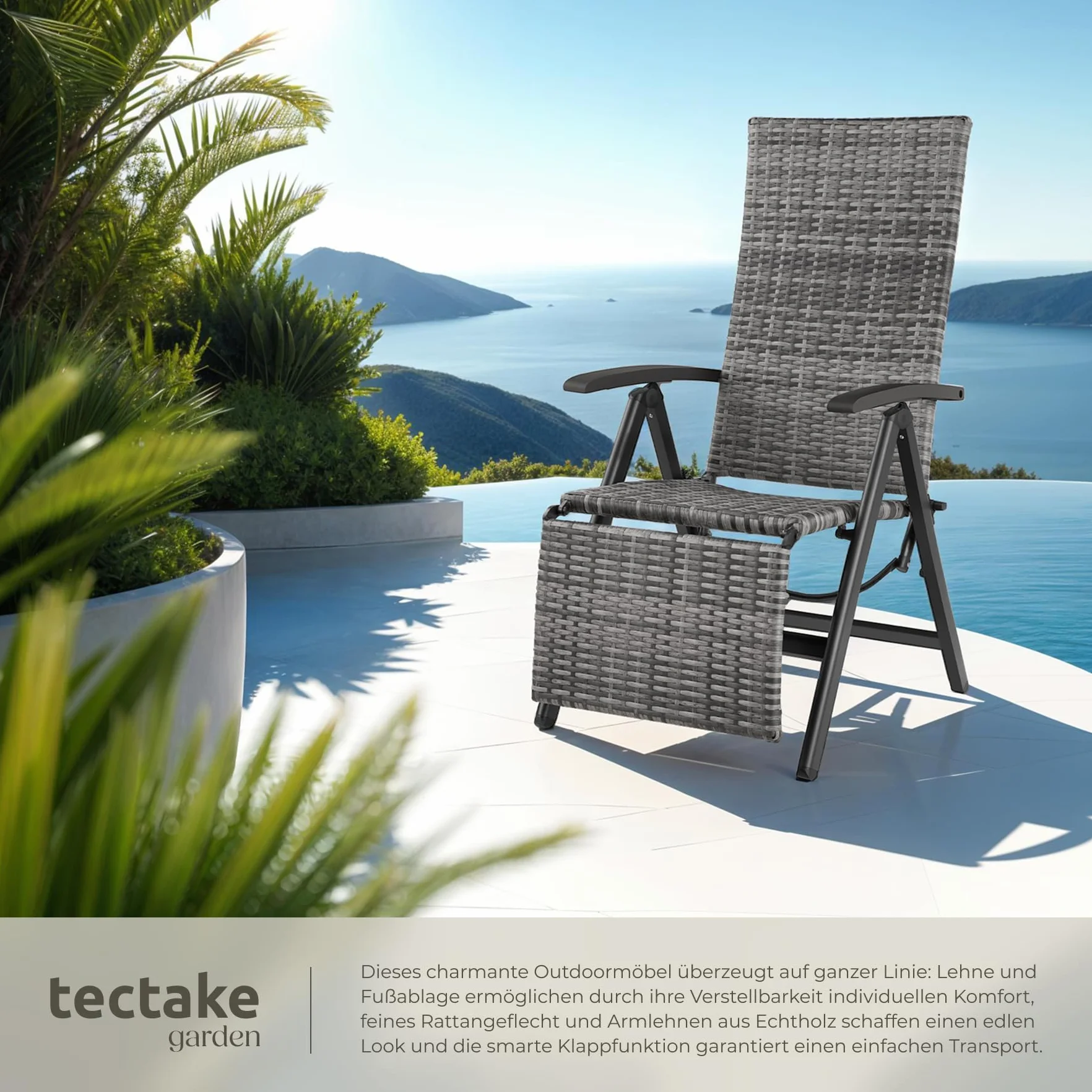 tectake®, Składany Fotel Ogrodowy, Rattanowe Krzesło Relaksacyjne, Regulacja Oparcia, Podnóżek, Plecionka UV, Aluminium, Antypoślizgowe Nóżki, Leżak Plażowy, Balkonowy, Na Taras (Szary)