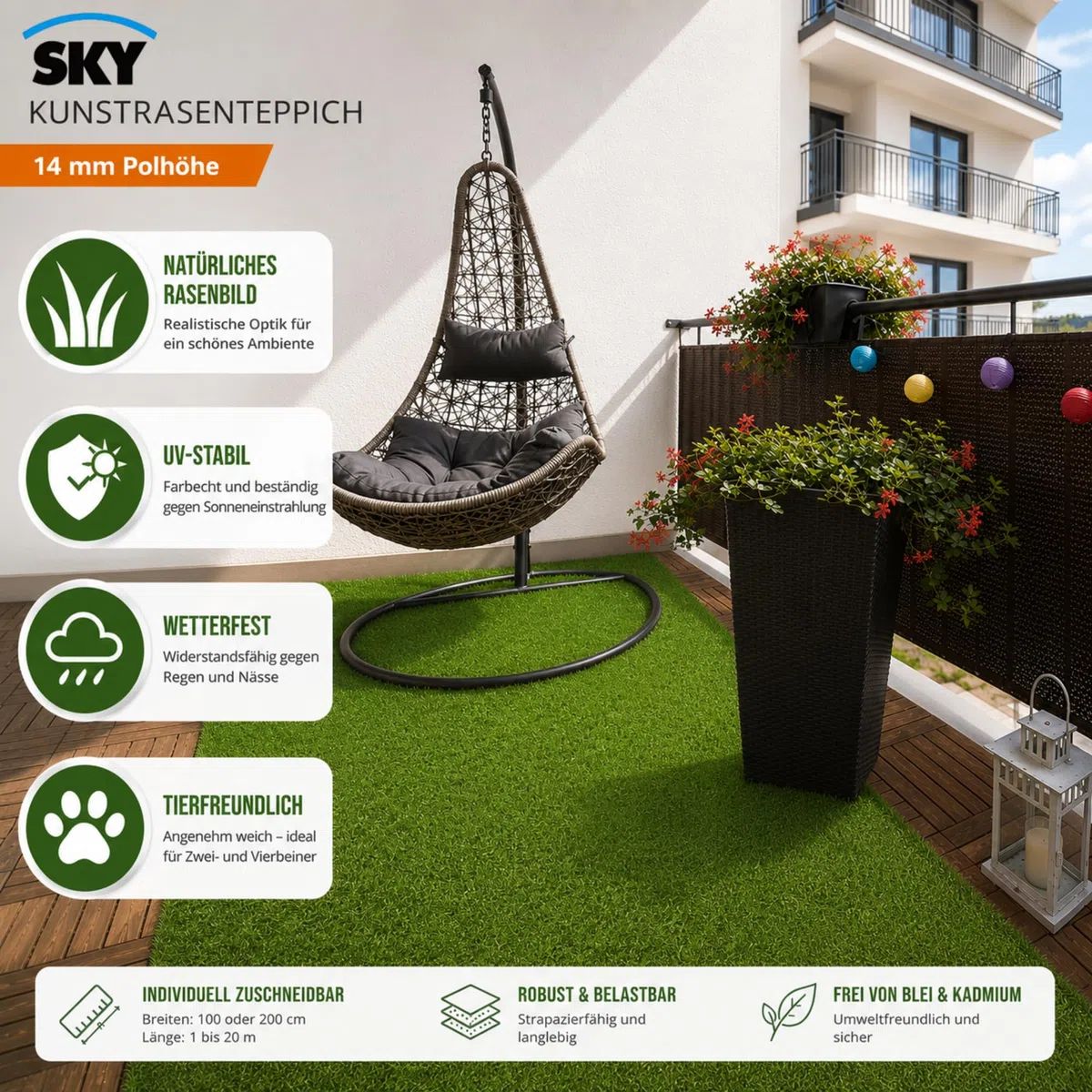 SKY Sztuczna trawa - wodoodporny dywan na balkon, taras i do ogrodu - Premium Class - Riviera - wysokość trawy: 14 mm - 200 x 700 cm