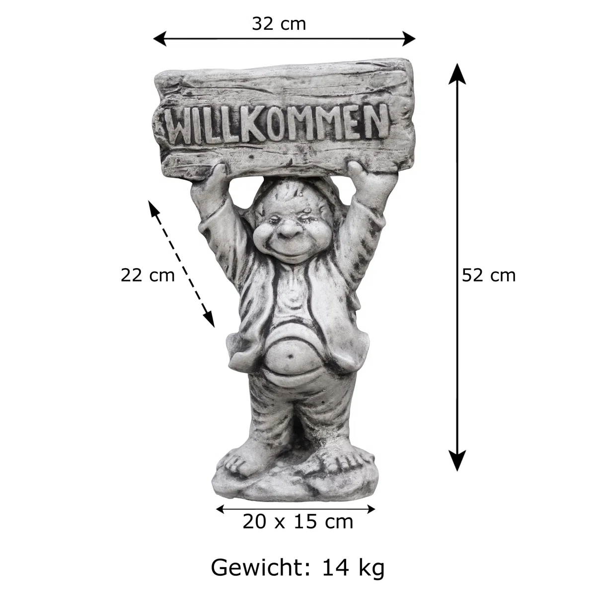 gartendekoparadies.de Gnom, Welcome'', kamienna figura gnoma, wys. 52 cm, 14 kg, szara, mrozoodporna, wykonana z lanego kamienia do użytku na zewnątrz
