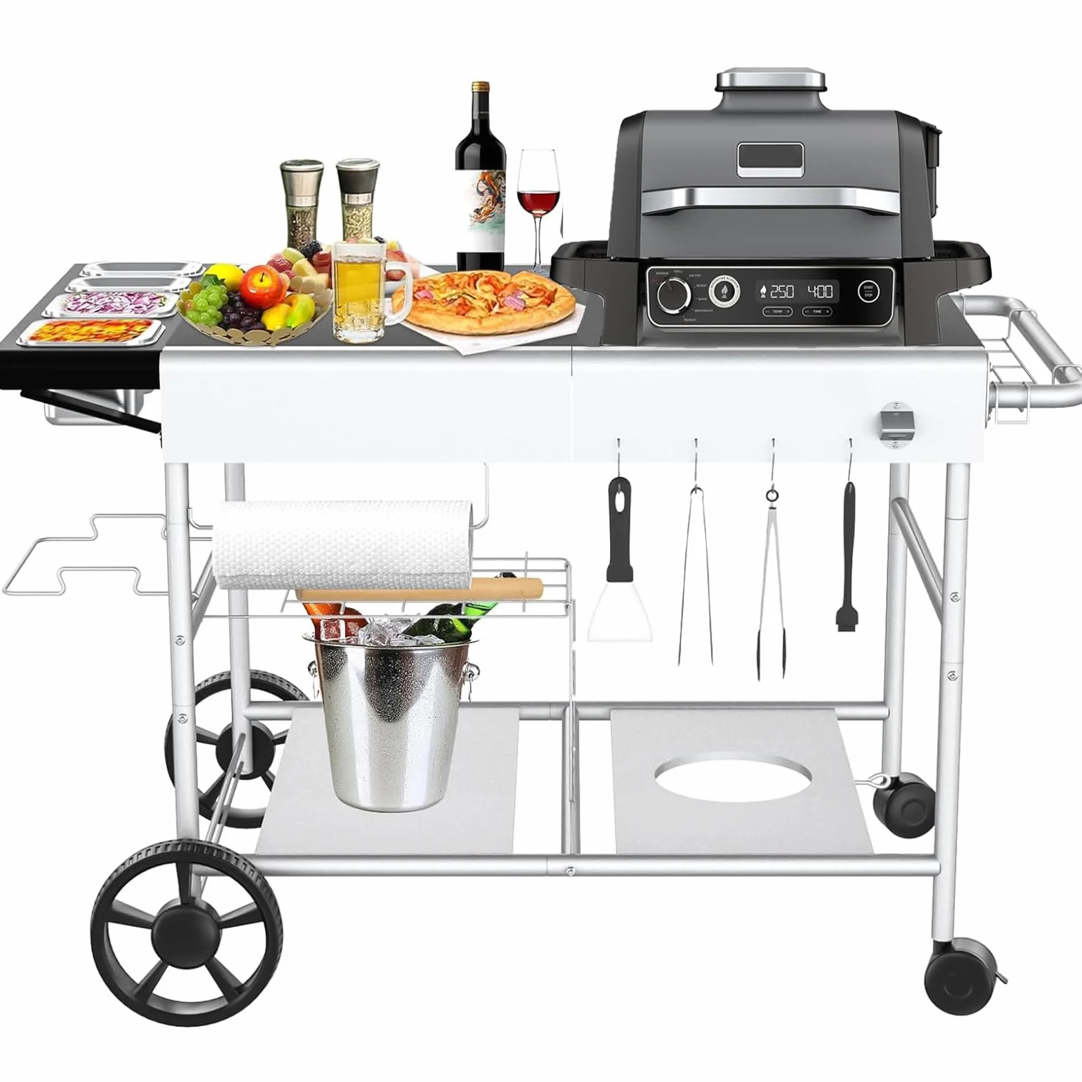 GFTIME Wózek do serwowania grilla z serii Q, Ninja Woodfire, grill stołowy, stół do grillowania z dużą powierzchnią roboczą, wózek do serwowania na zewnątrz, wózek do serwowania, wózek ogrodowy na
