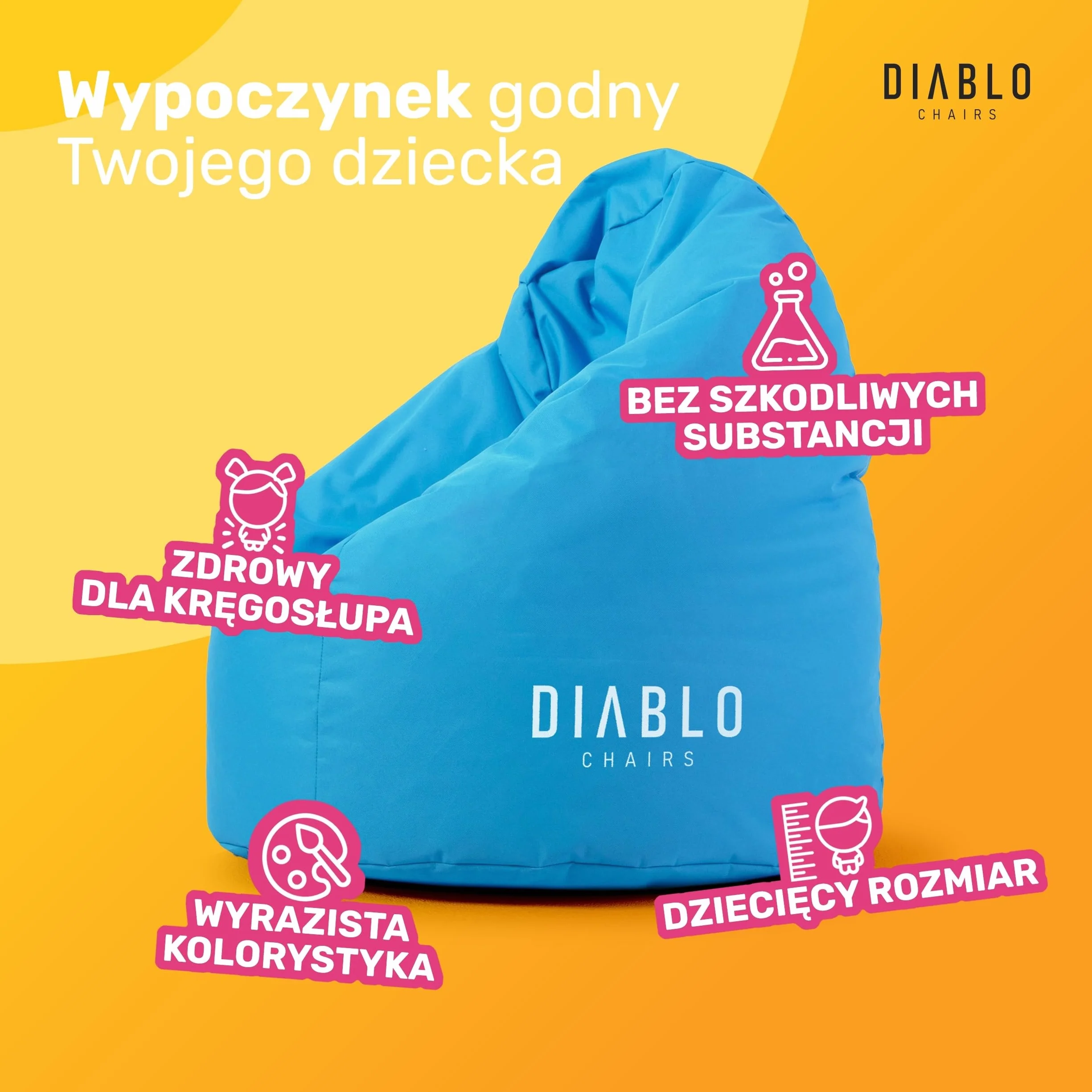 Diablo Pufa Dla Dzieci Craft Edition Ergonomiczne Siedzisko Wypełnione Granulatem Wytrzymała Kodura Wodoodporna Lekka I Kompaktowa Gamingowy Wzór Wymiary 80 x 110 x 80 cm Niebieska