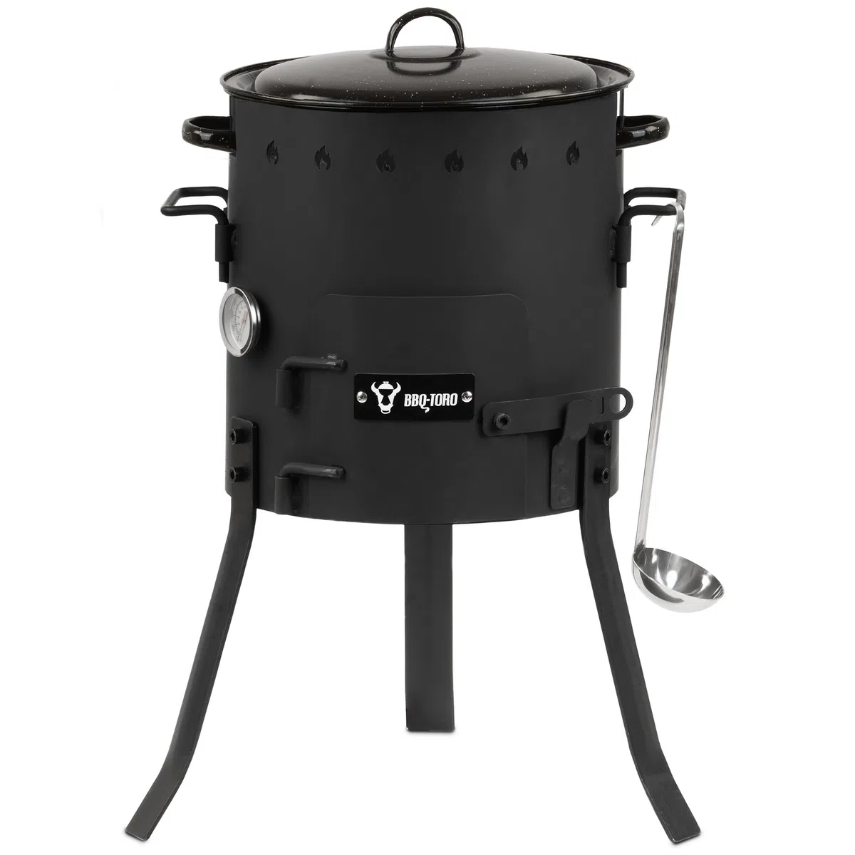BBQ-Toro Piec jednogarnkowy do użytku na zewnątrz, Ø 29 cm, z garnkiem, rusztem do grillowania i chochlą do zupy, kociołek na gulasz, kociołek na ogień, piec outdoorowy, palenisko, kuchnia na zewnątrz