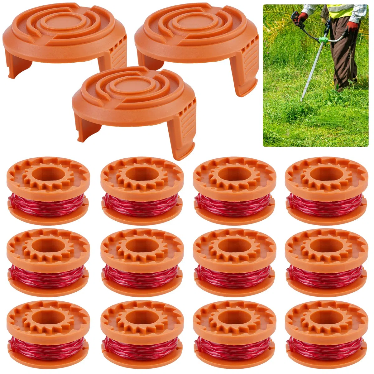 Zamienna szpula do podkaszarki do trawy Worx, wszystkie 20 V, szpula żyłki do podkaszarki, szpula zapasowa model WA0010 Ø 1,65 mm, długość 3 m (12 zapasowych szpul + 3 nasadki WA6531)