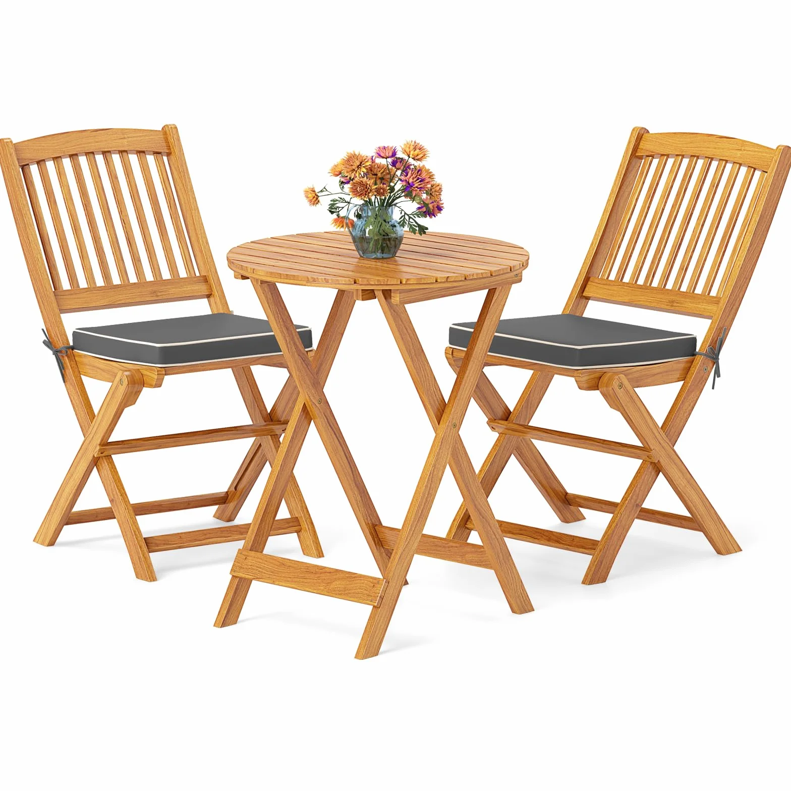 GIANTEX Meble balkonowe, mały balkon, okrągły stół bistro z 2 krzesłami, składany, zestaw mebli ogrodowych z drewna, 3-częściowy, zestaw balkonowy, zestaw bistro, do użytku na zewnątrz, meble tarasowe