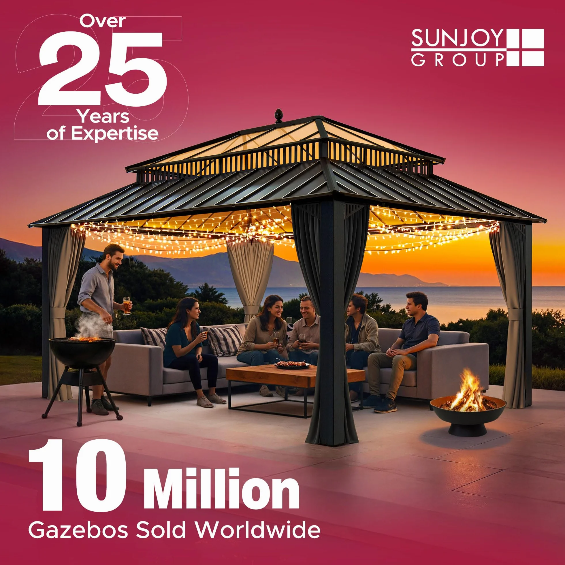SUNJOY Pawilon Przyścienny 3 x 3,6 m z Zasłonami i Moskitiery, Grubsze Słupy 8 cm, Metalowa Konstrukcja, Wodoodporny Dach z Poliwęglanu, Pergola do Ogrodu, Tarasu i Werandy