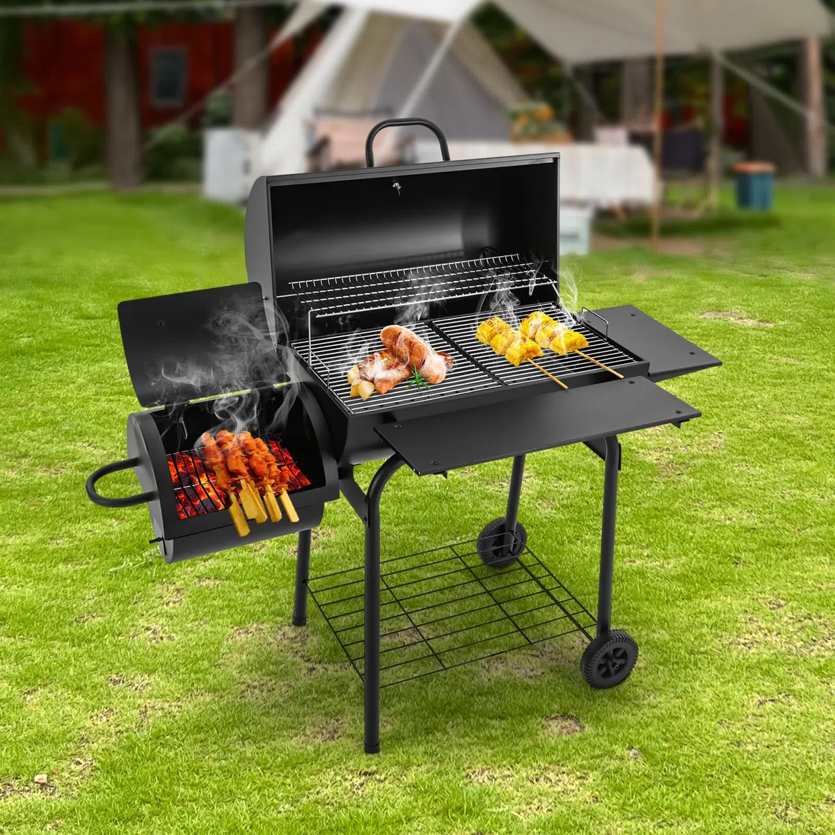 Wolnostojący grill na węgiel drzewny, 147 x 70 x 126 cm, powierzchnia grillowania, z termometrem i kółkami, dwa obszary grillowania na kemping, imprezę i do ogrodu
