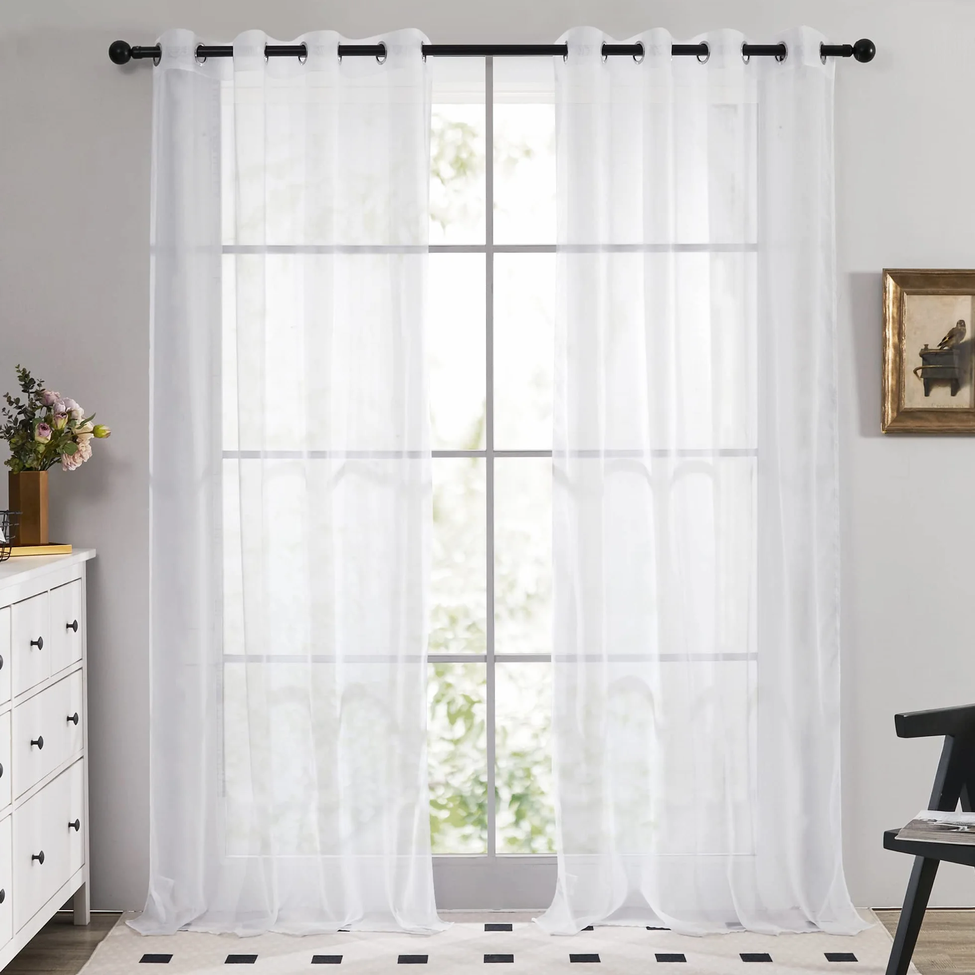 Deconovo Wodoodporne zasłony zewnętrzne 140 x 214 cm, białe, z oczkami, 2 panele, półprzezroczyste zasłony zewnętrzne z woalu do ogrodu, na balkon i altanę