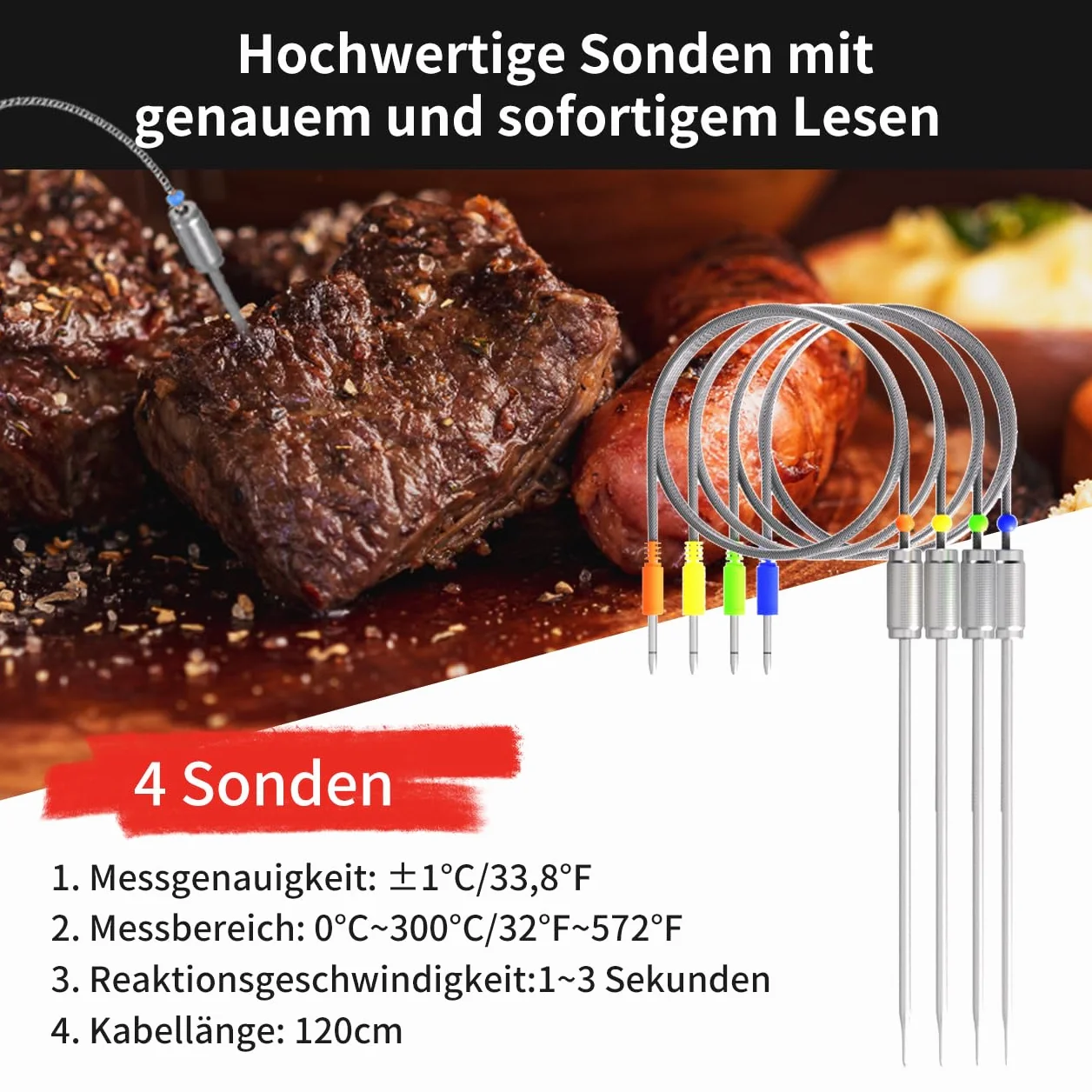 Uzone Termometr do mięsa, cyfrowy termometr Bluetooth, bezprzewodowy termometr z aplikacją 100 m, zdalny monitoring, termometr do piekarnika, smażenia, BBQ, podświetlenie ekranu LCD, 4 sondy