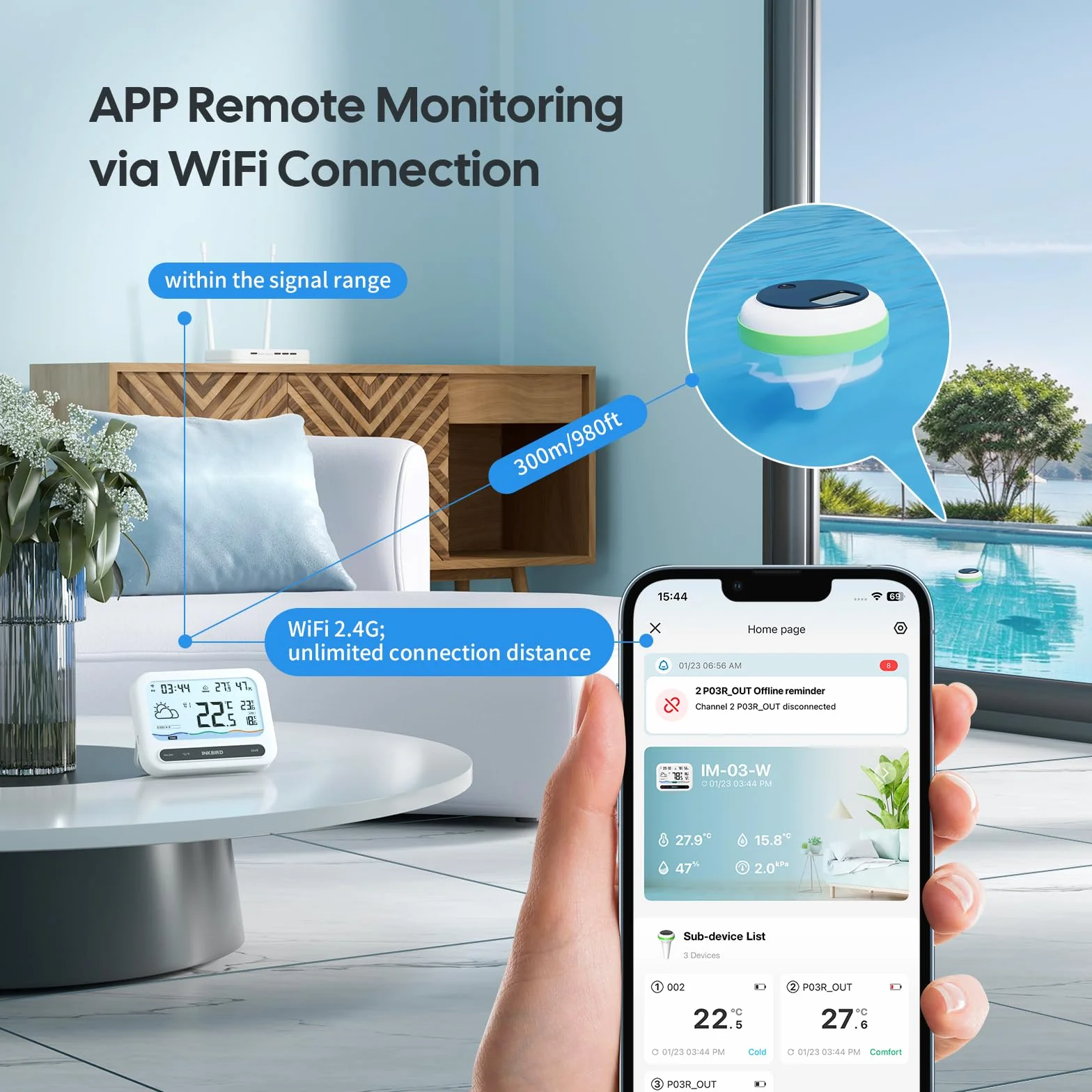 Inkbird IBS-P03R solarny termometr basenowy Wifi z zestawem IM-03 Wifi Gateway, monitor wilgotności UV