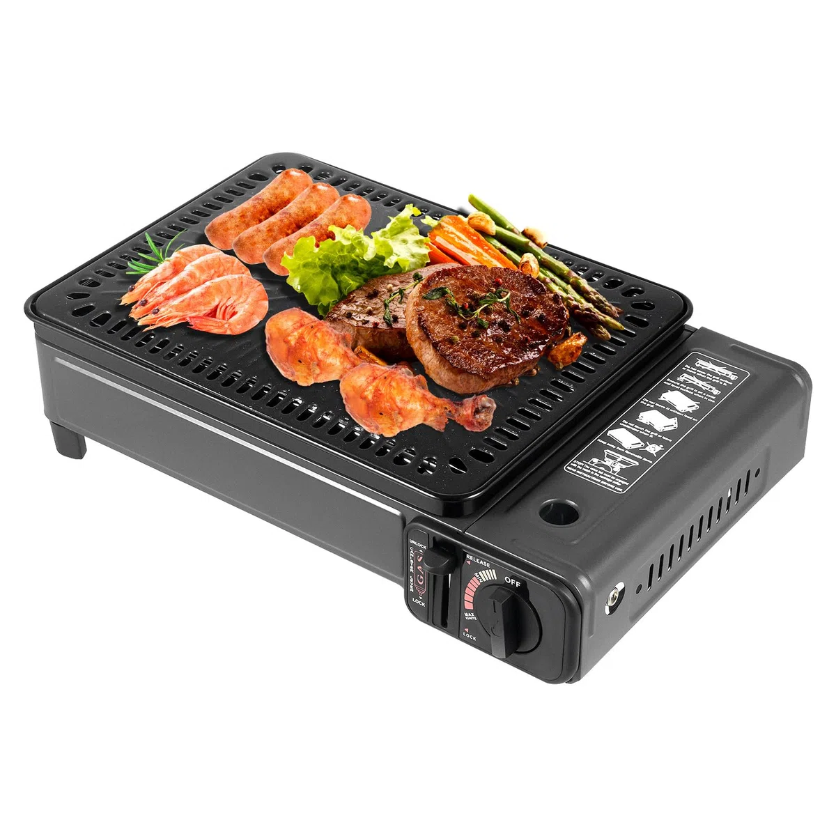 Przenośny grill gazowy, kuchenka gazowa na butan, przenośna kuchenka gazowa na kemping, kolor czarny, żelazo i stal nierdzewna, 41,5 x 28 x 11 cm, z siatką do grillowania i szczotką do oleju, na