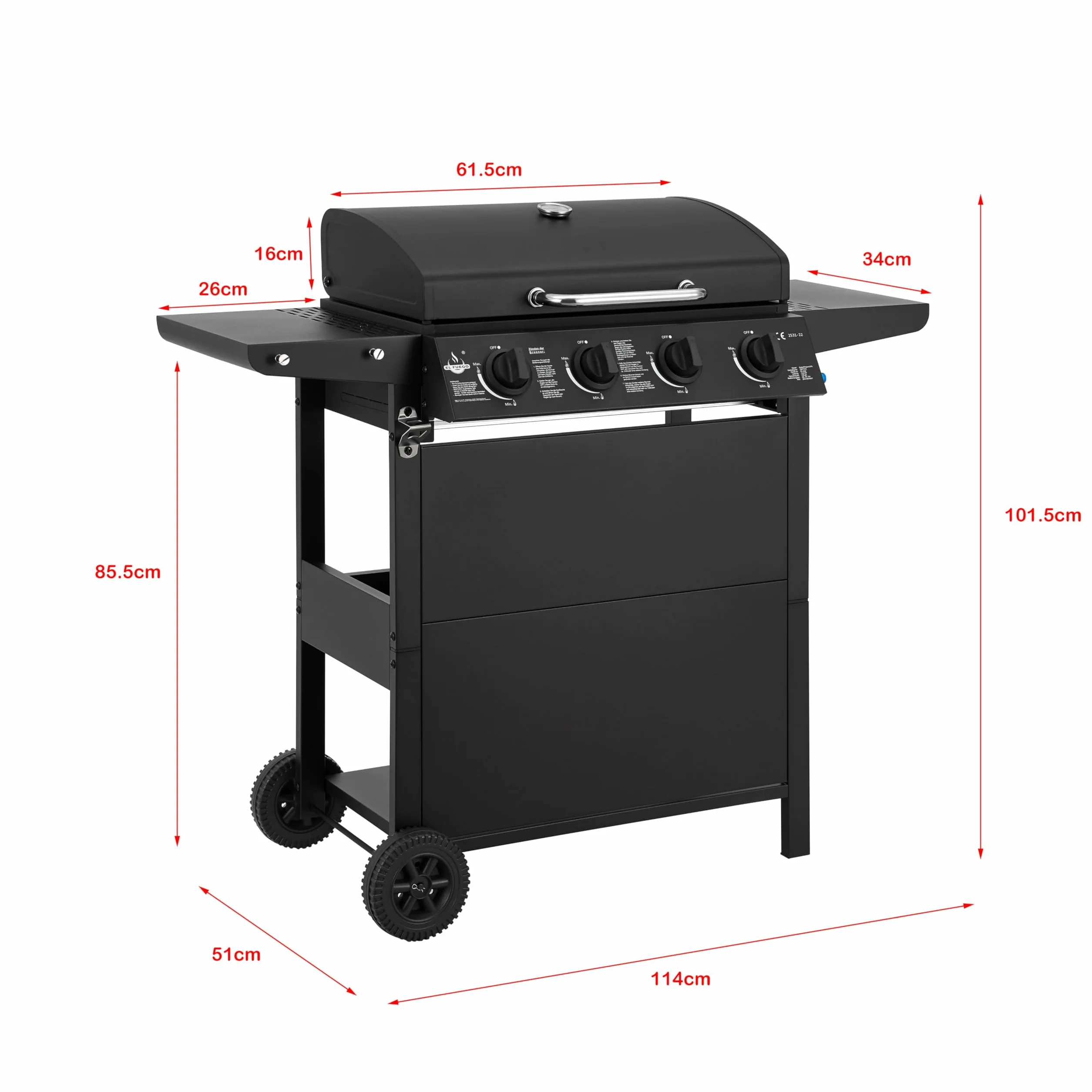 Grill gazowy El Fuego San Jose 4 palniki BBQ z rusztem żeliwnym, termometrem i półkami bocznymi