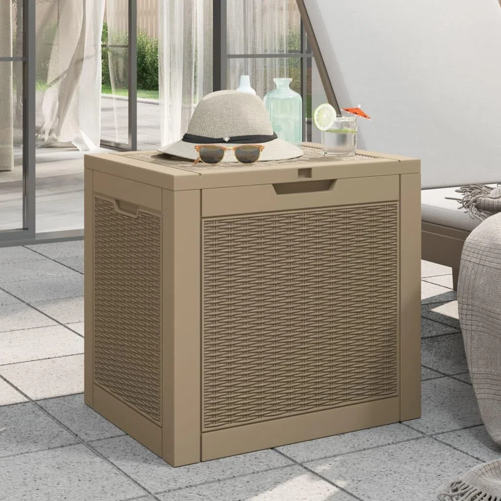 Skrzynka ogrodowa jasnobrązowa z polipropylenu, 118 l, 55,5 x 43 x 53 cm, odporna na warunki atmosferyczne i zamykana, jako skrzynia na taras, balkon, basen i do ogrodu do porządnego