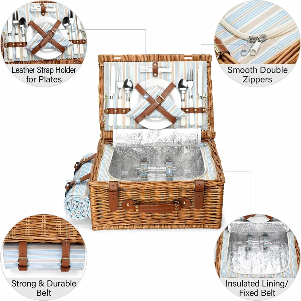 HappyPicnic Wiklinowy kosz piknikowy dla 4 osób, Willow Storage Hamper, zestaw upominkowy na kemping i imprezę na świeżym powietrzu (rozmiar M dla 2 osób)