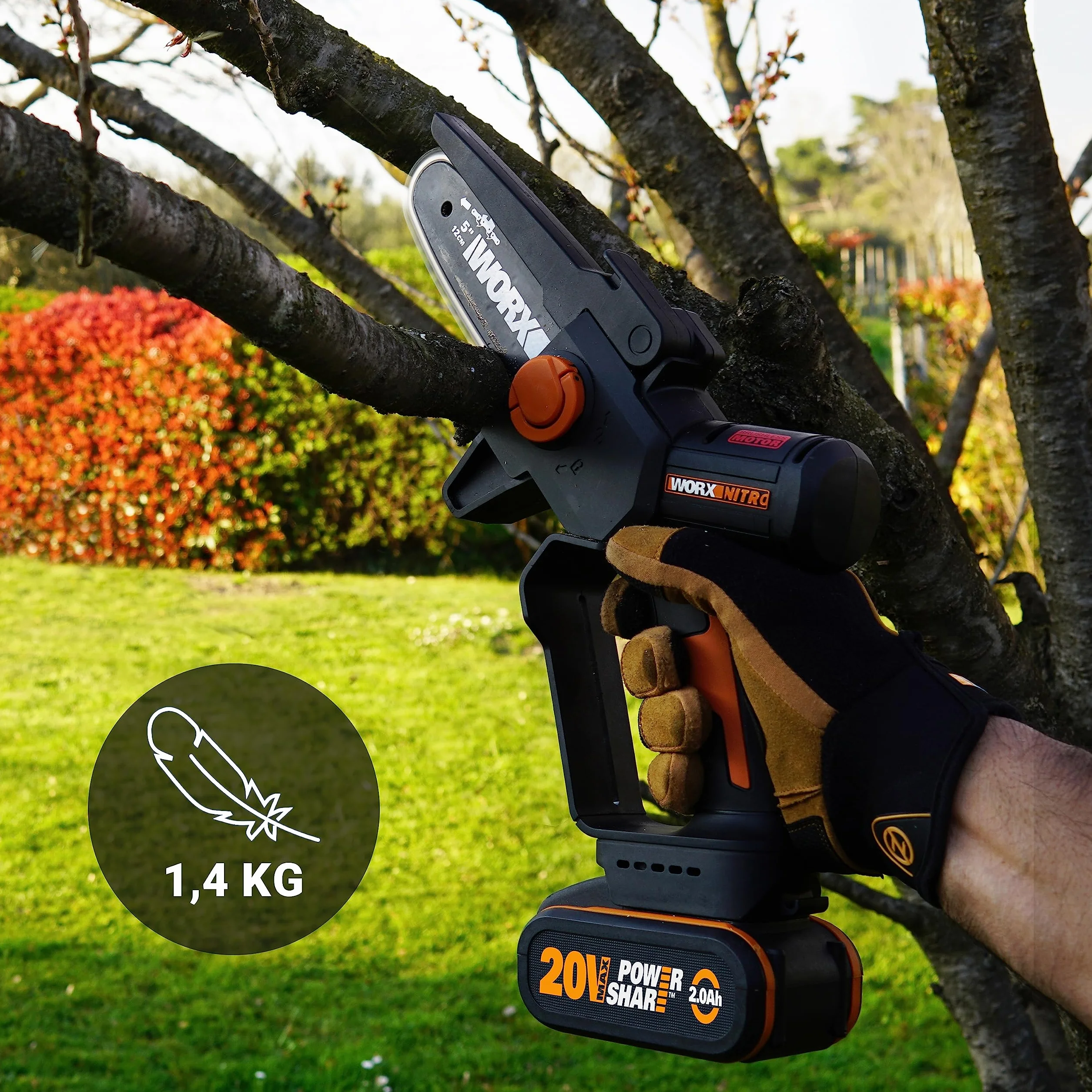 WORX WG325E.9 Nitro Mini piła łańcuchowa 20 V – jednoręczna piła łańcuchowa – wydajny silnik bezszczotkowy – długość miecza 12 cm – lekka i kompaktowa – automatyczne smarowanie łańcucha – bez akumulatora i ładowarki