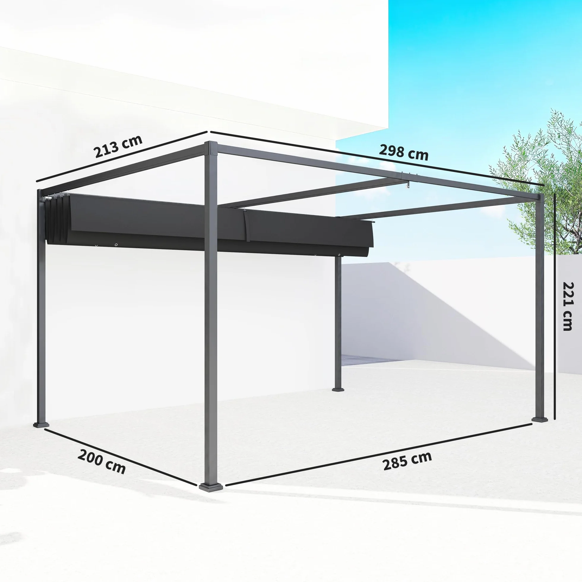 Outsunny Pergola Pawilon zadaszenie tarasu z rozsuwanym dachem, poliester czarny 298 x 213 x 222 cm