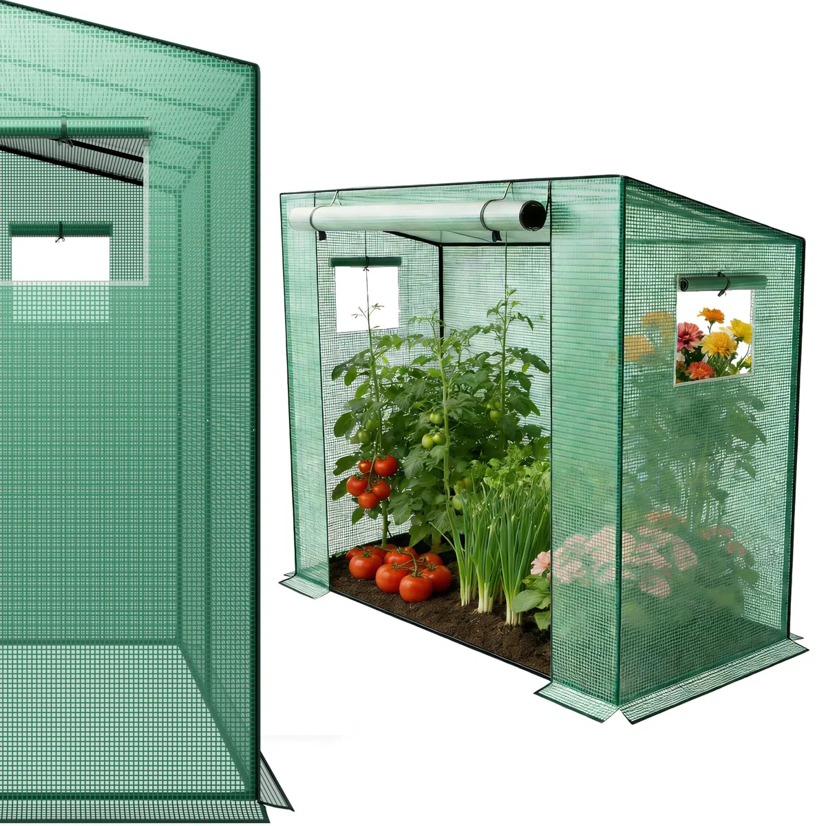 YRHome Dach skośny, 200 x 80 x 150 cm, z drzwiami i zwijanymi oknami, oddychająca szklarnia, rury ze stali ocynkowanej, ochrona przed promieniowaniem UV do warzyw, zielona