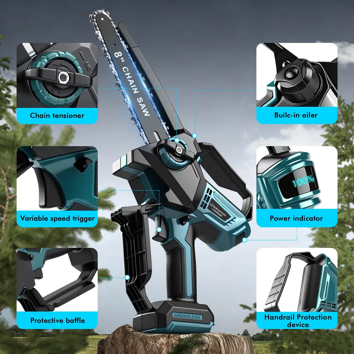 Mini akumulatorowa piła łańcuchowa do Makita 18 V 8 cali, 600 W, elektryczna piła łańcuchowa do przycinania drzew z automatycznym smarownicą do przycinania i ogrodnictwa (bateria nie wchodzi w