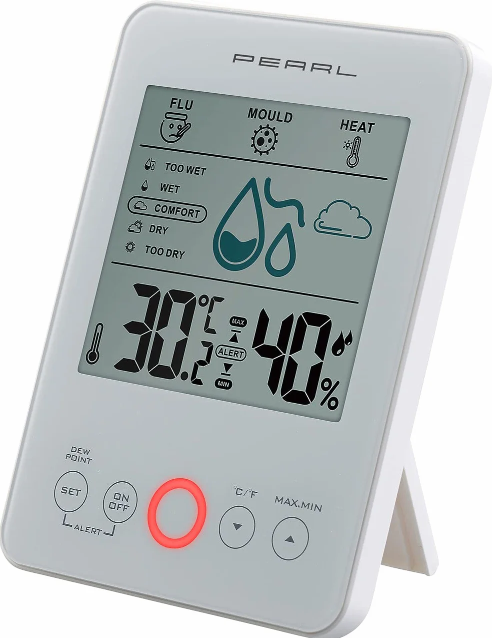 PEARL Hydrometr: cyfrowy higrometr/termometr z alarmem pleśni i wskaźnikiem komfortu, biały (czujnik pleśni, cyfrowy higrometr, miernik wilgotności roślin)