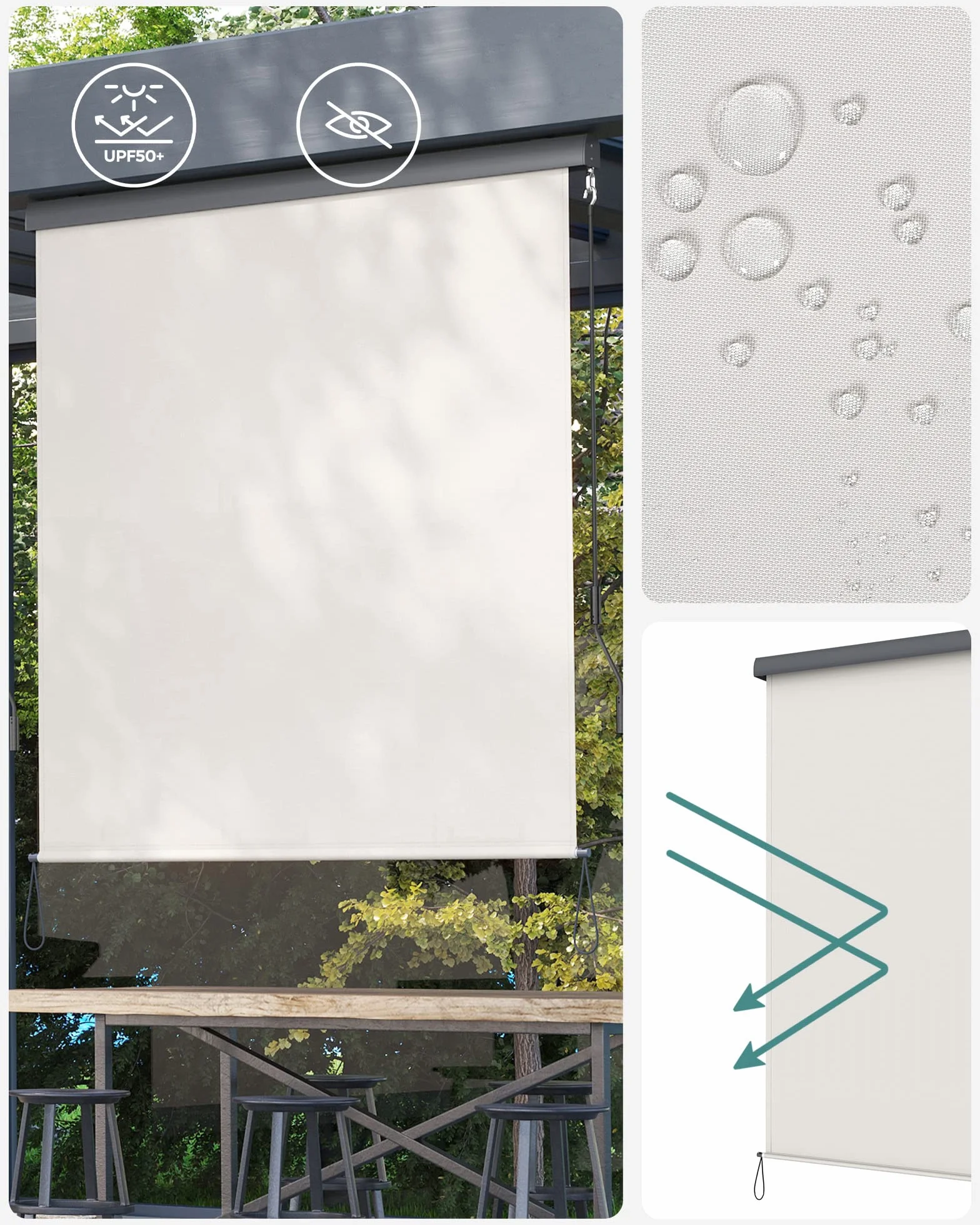 SONGMICS 1,4 x 2,5 m (szer. x dł.) markiza pionowa na balkon, taras, z szarą kasetą, pionowa markiza do użytku na zewnątrz, markiza chroniąca przed wiatrem, słońcem i spojrzeniami, beżowa GSA145BE
