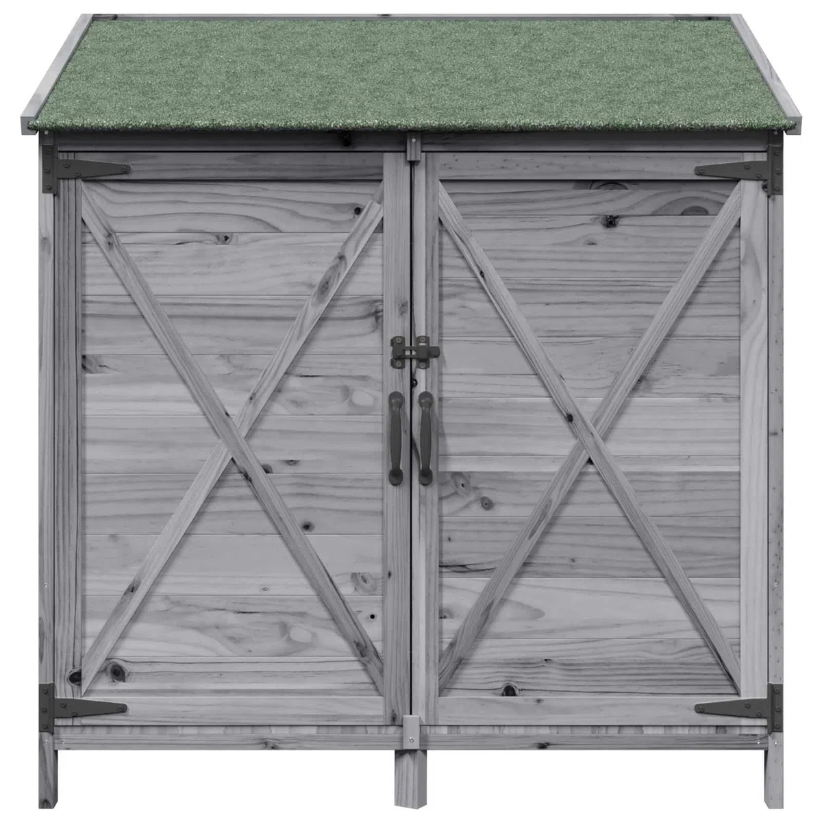 Domek ogrodowy, szary, materiał drewnopochodny, 106 x 56 x 113,5 cm, z drzwiami wentylacyjnymi i nachylonym dachem asfaltowym, schowkiem na narzędzia ogrodowe, narzędzia, rower, odporne na