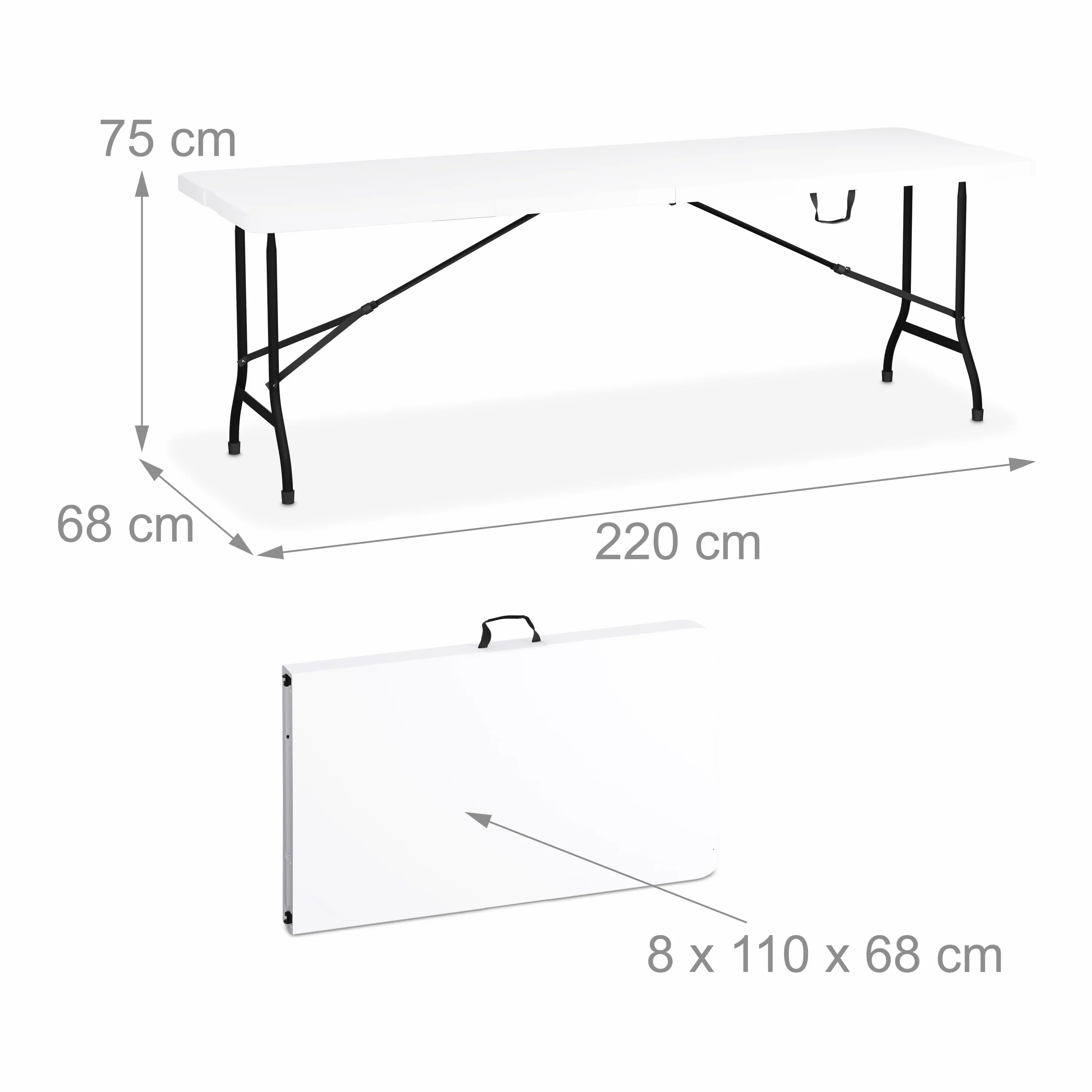 Relaxdays Składany stół ogrodowy, 75 x 220 x 68 cm, odporny na warunki atmosferyczne, tworzywo sztuczne i stal, 8 osób, biały