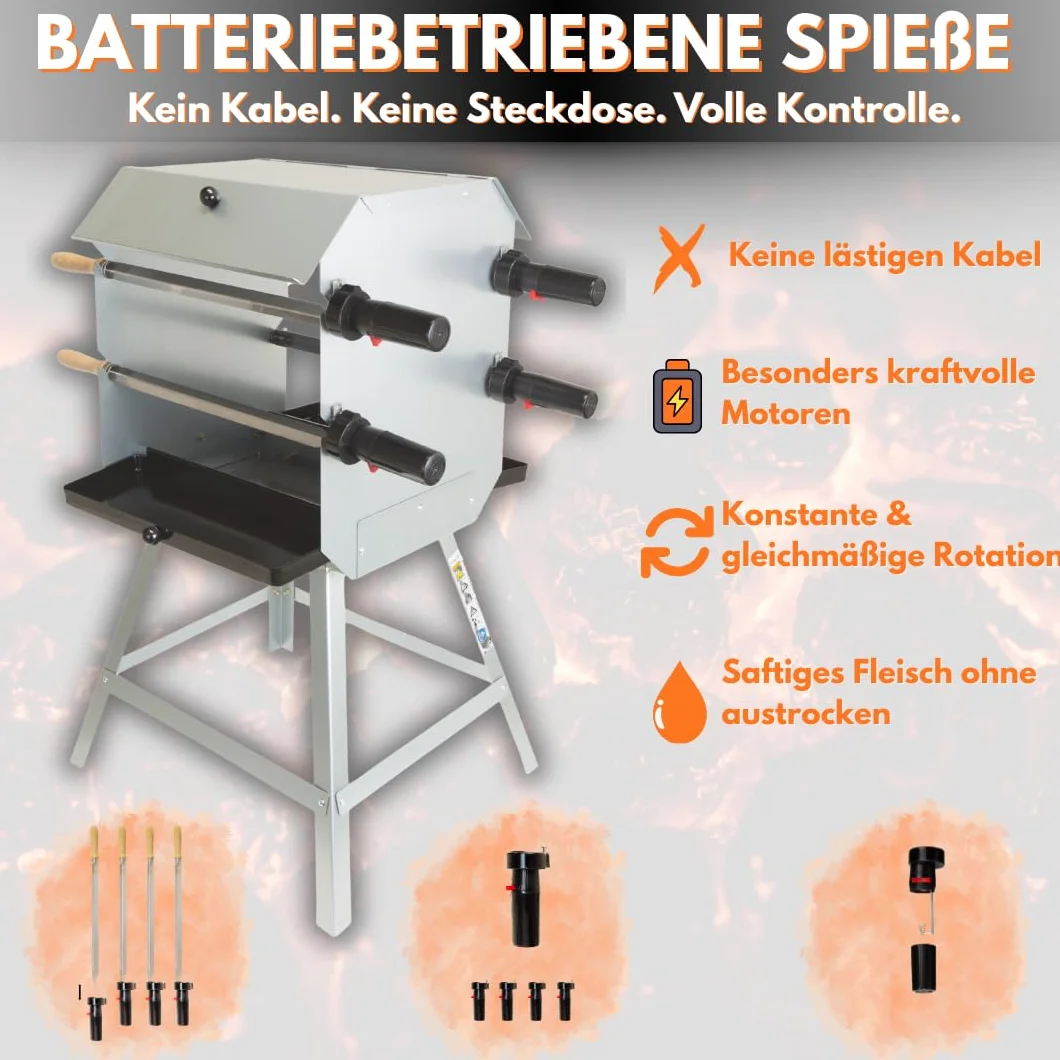 Grill do pieczenia, drewniany grill z 4 rożnami, w zestawie z silnikami zasilanymi bateryjnie, na 52 porcje, grill obrotowy, grill mango. Wymiary po zmontowaniu: (wys.) 86 cm x (gł.) 53 cm x (wys.) 52 cm